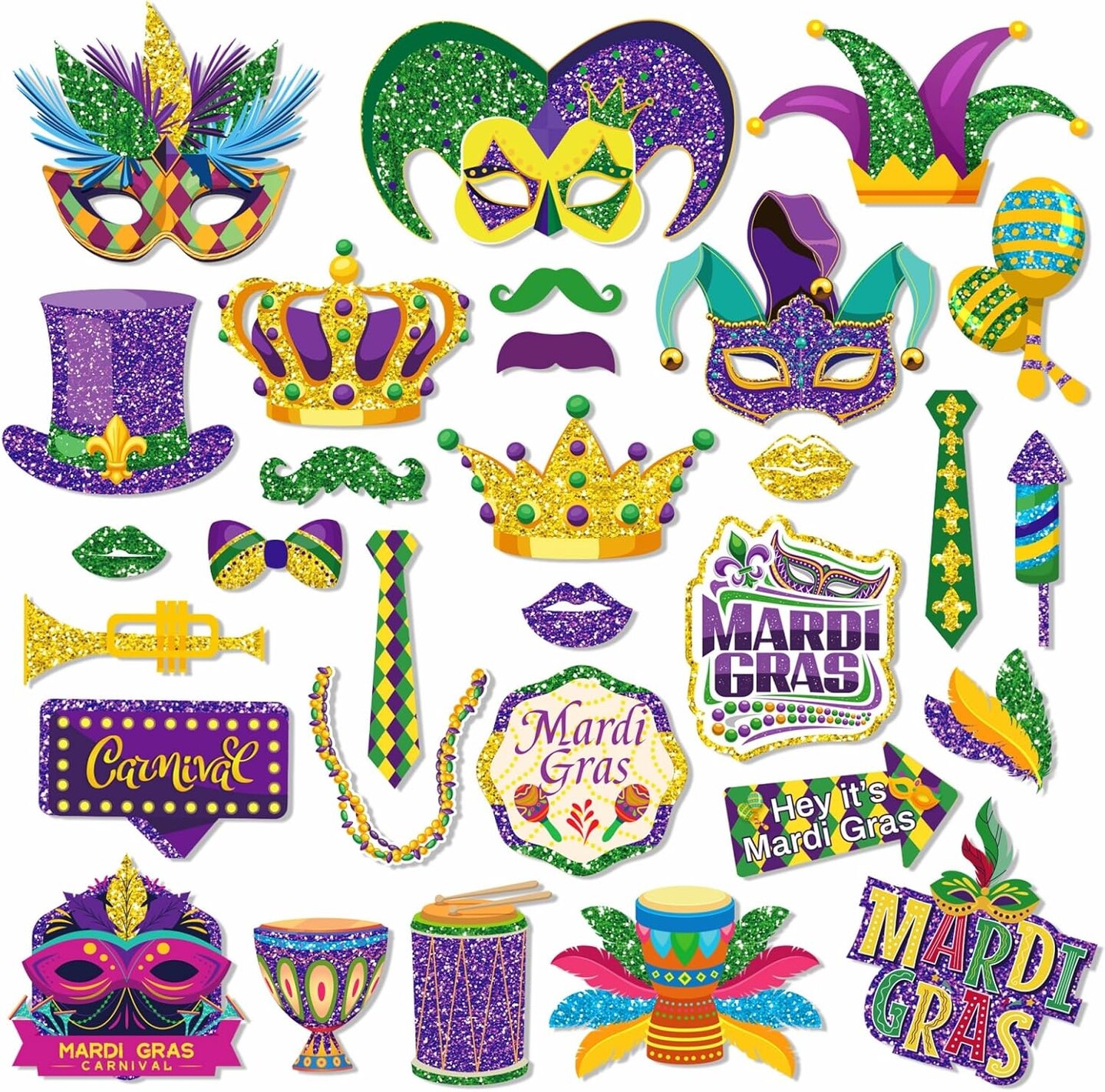 30 Pieces Mardi Gras Photo Booth Props Masquerade Party Photo Booth Props for New Orleans Party Birthday Party Supplies Decorations