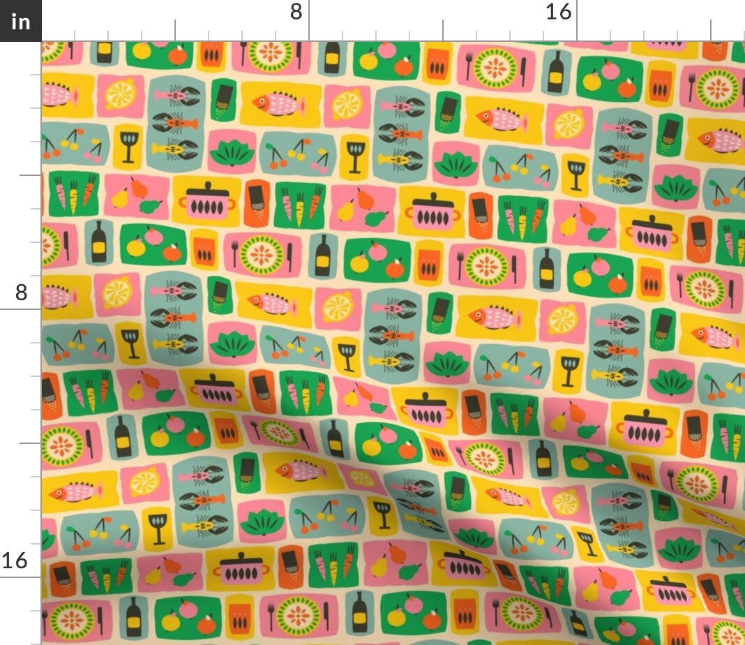 Mid Century Modern Bright Retro Green Yellow Pink Blue Fish Cherries Citrus Carrots Food Kitchen Custom Printed Fabric by Spoonflower Various Fabrics by the Yard or Fat Quarter