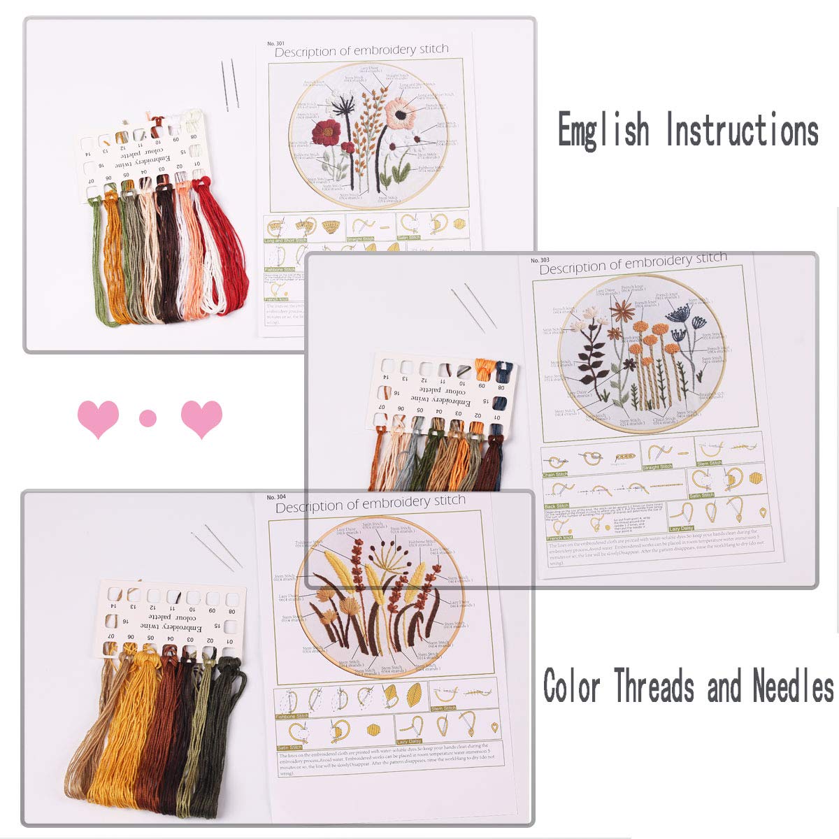 3 Sets of Beginner Embroidery Kits with 3 Patterns and 6 Needles, Needlepoint Kits for Adults,Including Embroidery Floss,3 Plastic Hoops and 3 Cotton Fabric