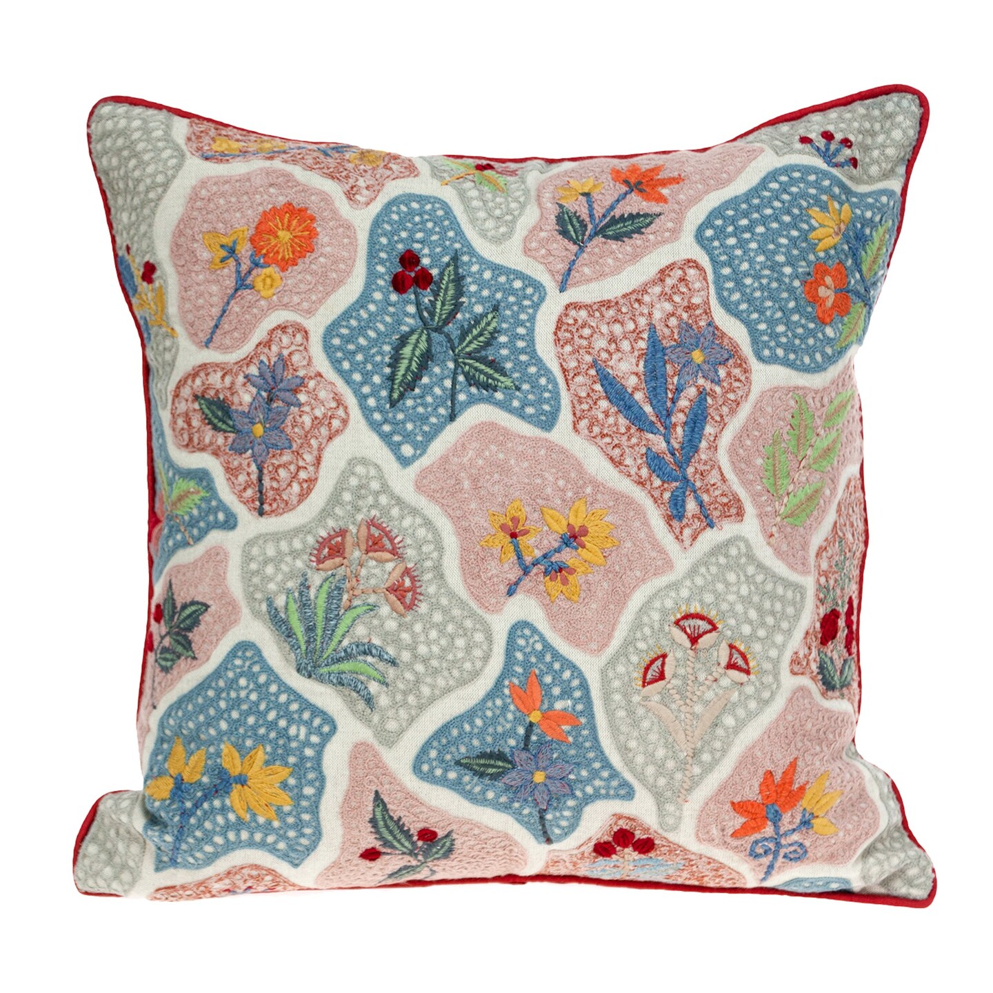 Nassau Collection Hand Embroidered Floral Square Throw Pillow - 18&#x22; - Multicolor