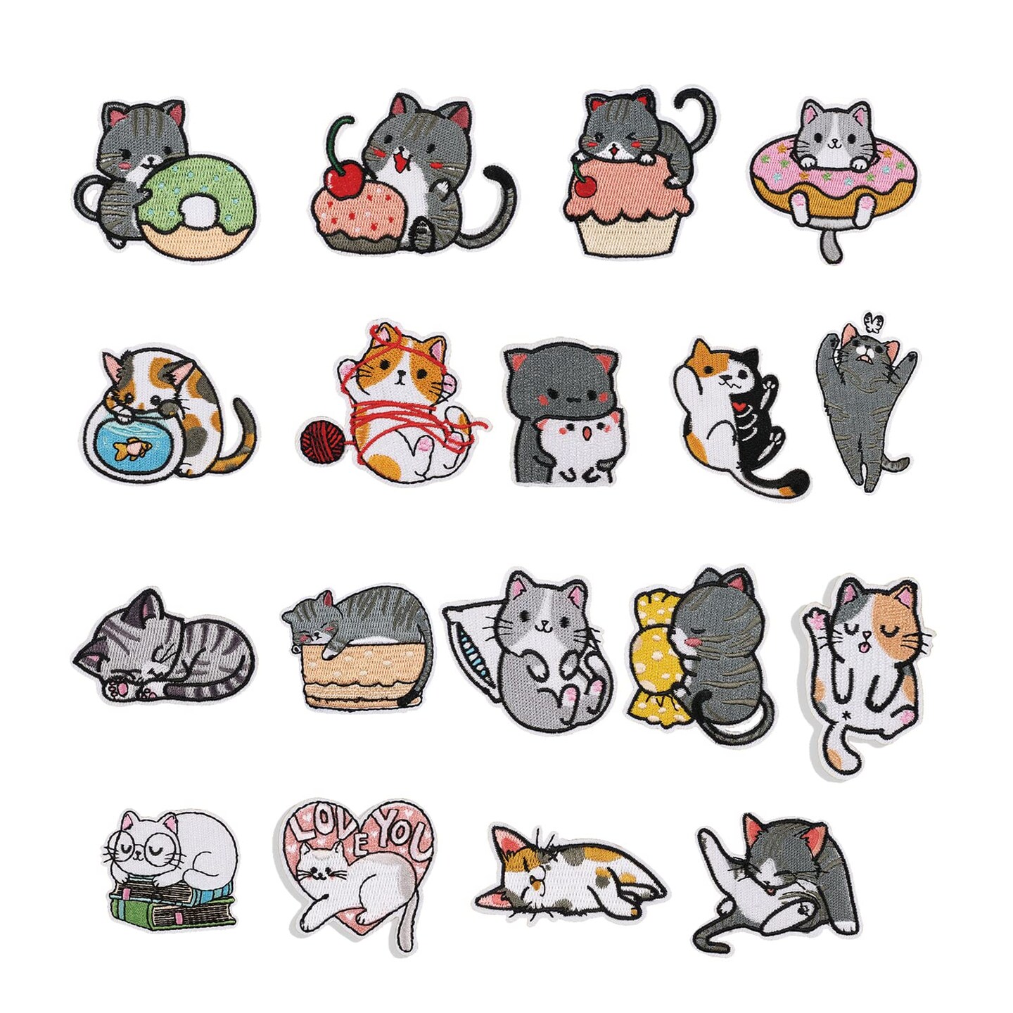 18Pcs Cute Cat Patches for Clothing, Iron on/Sew on Cat Applique, Iron Patches for Dresses Jeans Hats Shoes Shirts Jackets Backpacks
