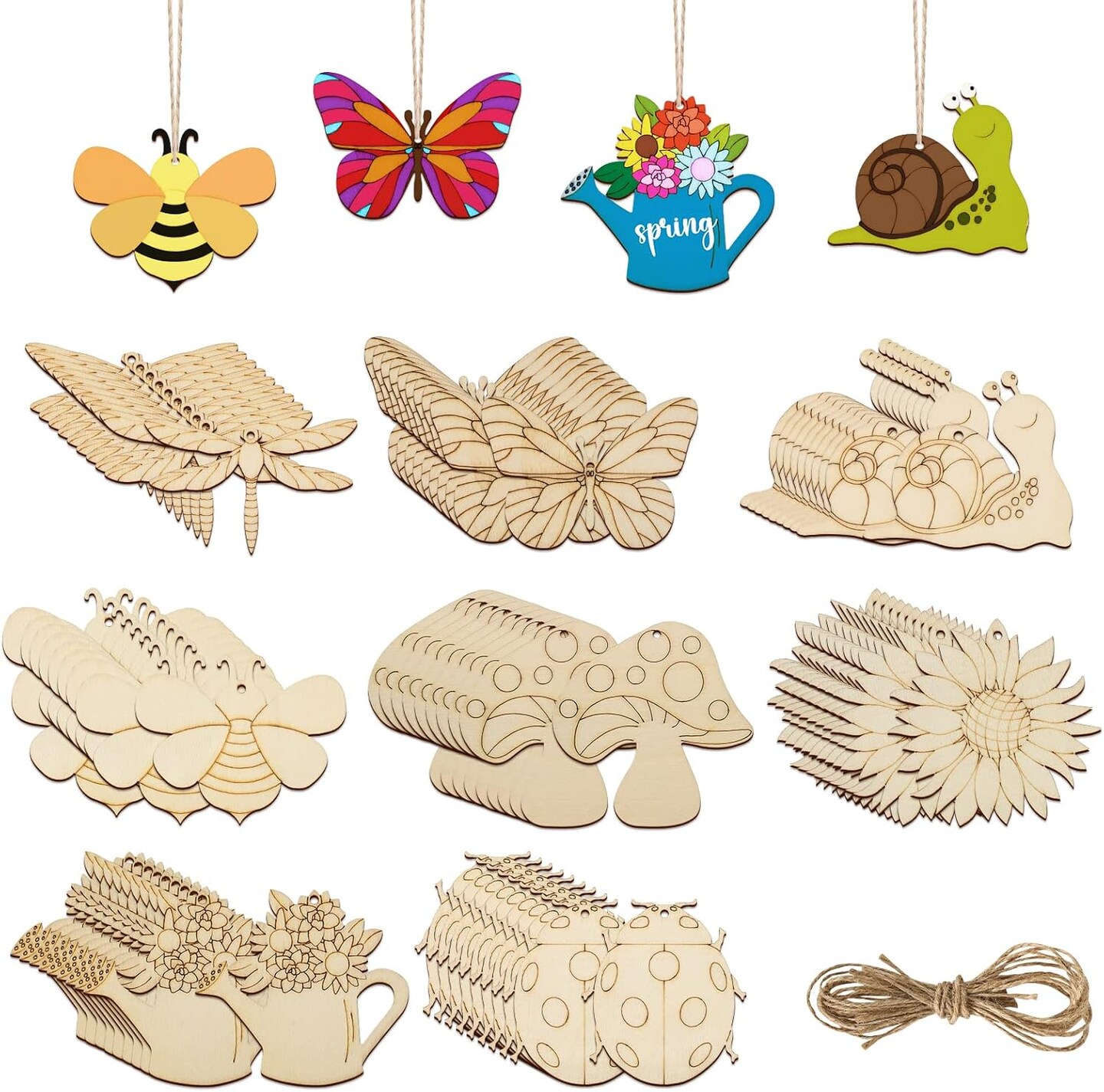 80PCS Wooden Spring Ornaments to Paint – 8 Styles DIY Unfinished Wood Cutouts for Crafts, Home Hanging Decorations – Butterfly, Dragonfly, Snail, Watering Can, Mushroom & Flower Shapes
