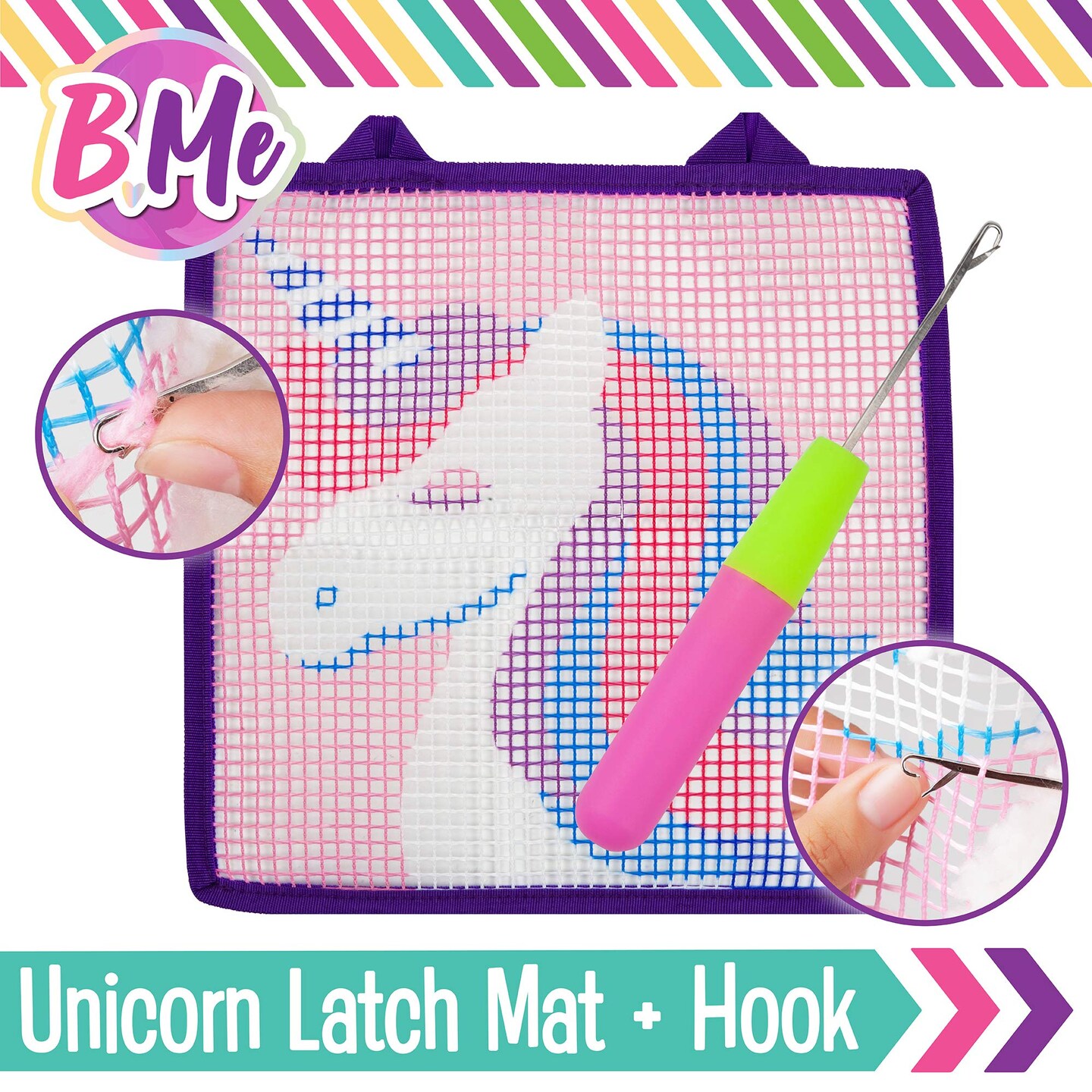 B Me DIY Unicorn Latch Hook Kit for Girls &#x2013; Mini Rug Sewing Set with 15 Colorful Yarn Bundles, Color-Coded Canvas, DIY Grils Bedroom D&#xE9;cor Idea Perfect Birthday &#x26; Gift Age 6+