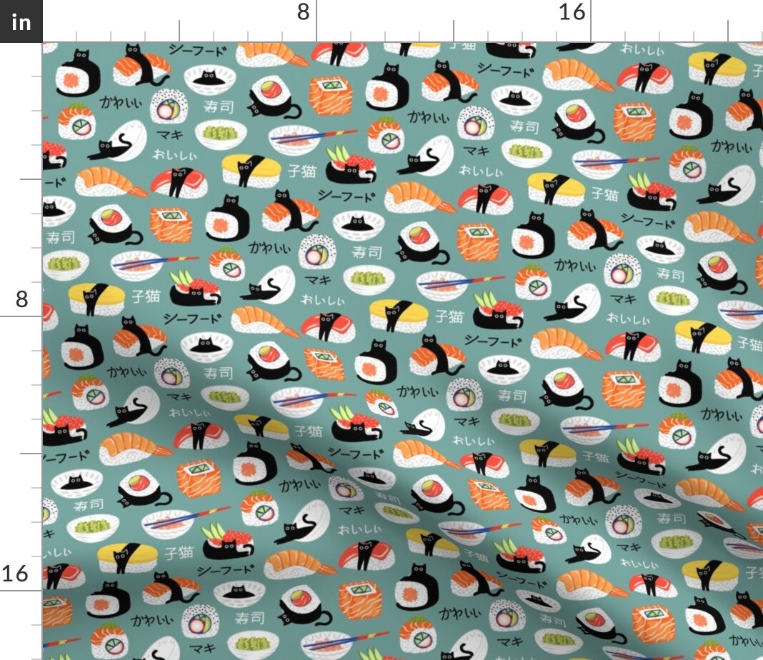 Sushi Cat Funny Cats Sashimi Fish Green Orange Black White Seafood Kitty Custom Printed Fabric by Spoonflower Various Fabrics by the Yard or Fat Quarter