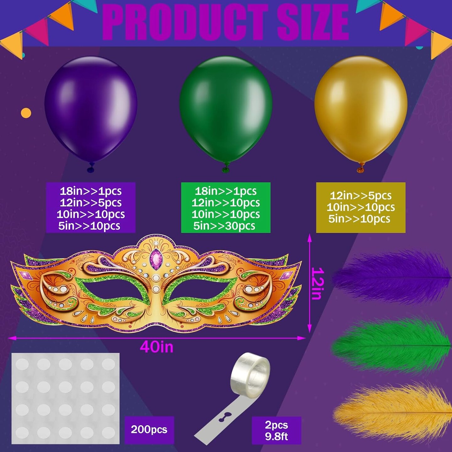 108 Pcs Mardi Gras Balloon Garland Kit 39" Large Mardi Gras Mask and Mardi Gras Balloons Masquerade Mask Stand up Cardboard Kit for Mardi Gras Party Decorations New Orleans Party
