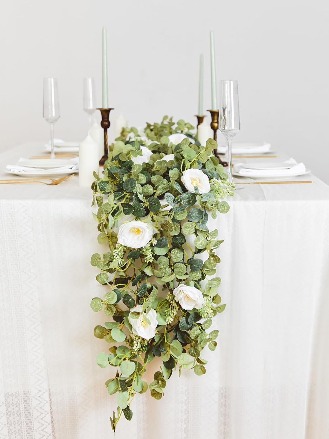 6.56ft Eucalyptus Garland with Flowers-8 White Roses, Artificial Fake Flowers Greenery Garland Floral Vines for Decoration Party Wedding Table Indoor Outdoor Backdrop Wall Decor(White)