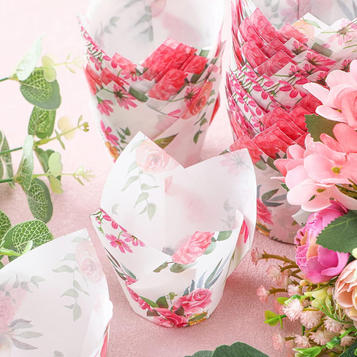 200 Pieces Pink Flower Tulip Cupcake Wrappers Liners Tulip for Baking Flower Liners Mini Cupcake Baking Rustic Birthday Party Decoration for Bridal Shower Wedding Festival Party