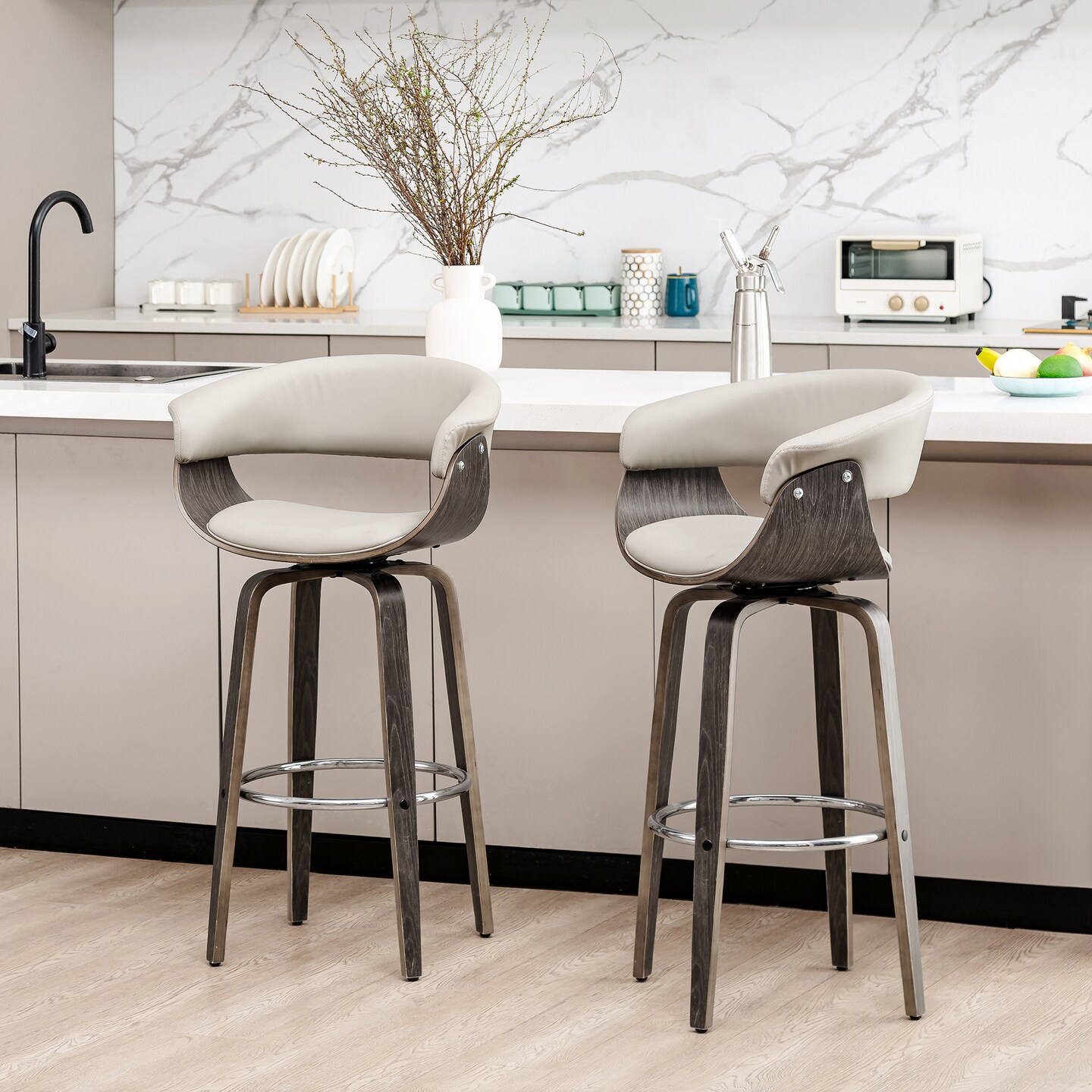 Set of 2/4 Mid-century Modern Leatherette Swivel Bar Stools/Counter Stools with Walnut Bentwood Frame