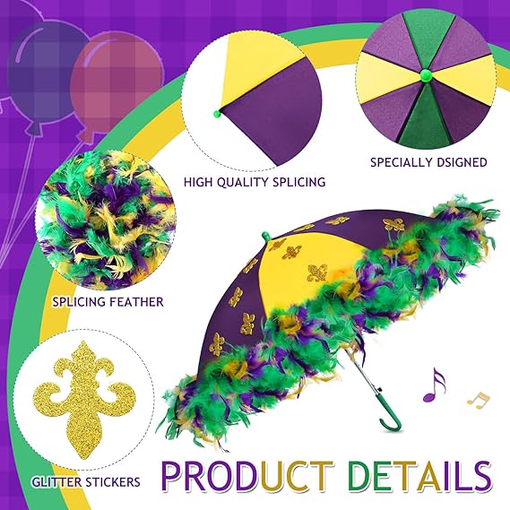 2 Pcs Mardi Gras Umbrella 22 x 2 Inch Second Line Umbrella with 2 Purple Yellow Green Feather String 2 Glue Point and 200 Glitter Stickers Mardi Gras Decoration for Masquerade Costume
