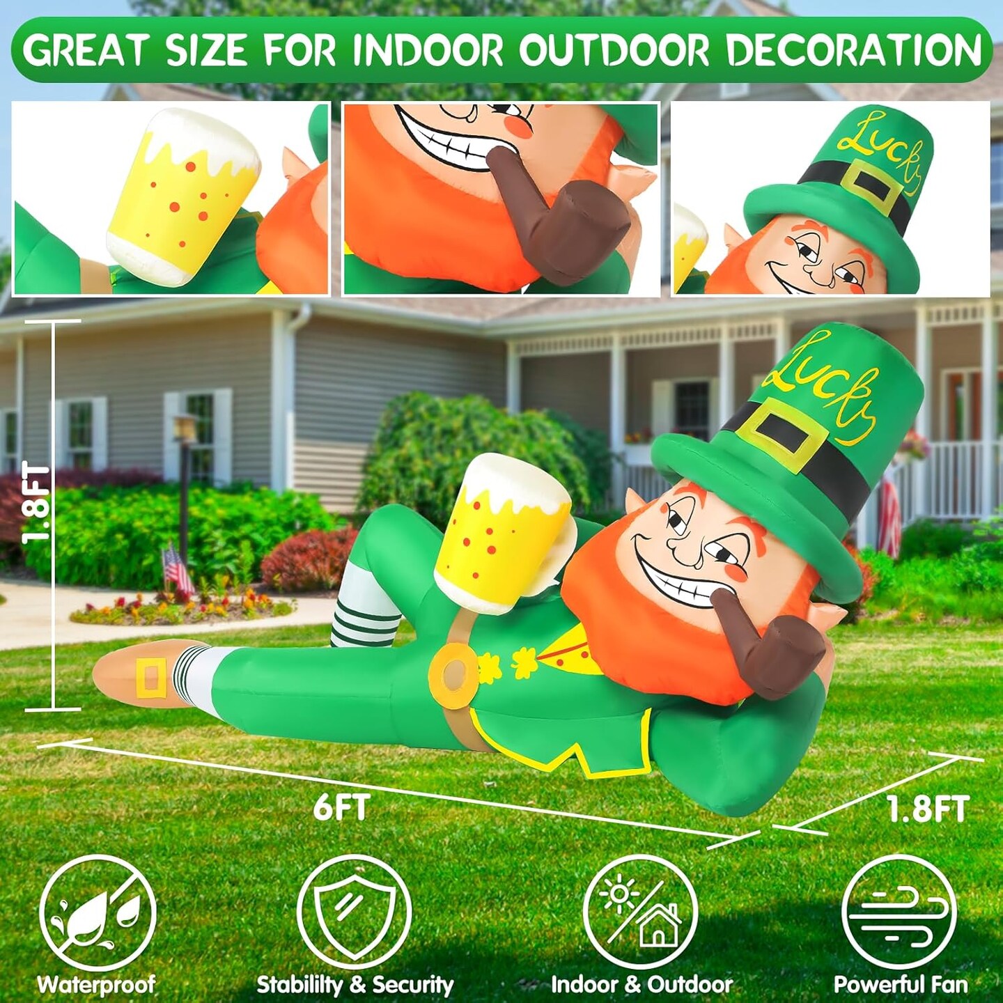 St Patricks Day Inflatables Outdoor Decorations 6FT Giant St Patrick's Inflatable Leprechaun Holding Beer Blow Up LED Lighted Irish Blowups St Patty's Indoor Party Outside Holiday Yard Decor