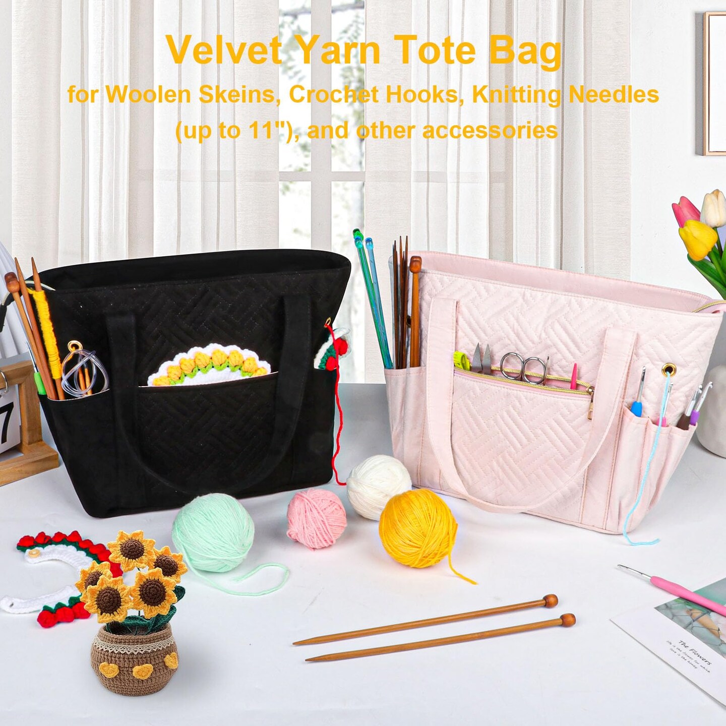 Crochet Bag Organizer for Yarn Storage, Velvet Knitting Tote Bag with Double Handle for Crochet Accessories, Portable Travel Case for Yarn Balls, Crochet Hooks&#x26; Knitting Needles Holder (Black)