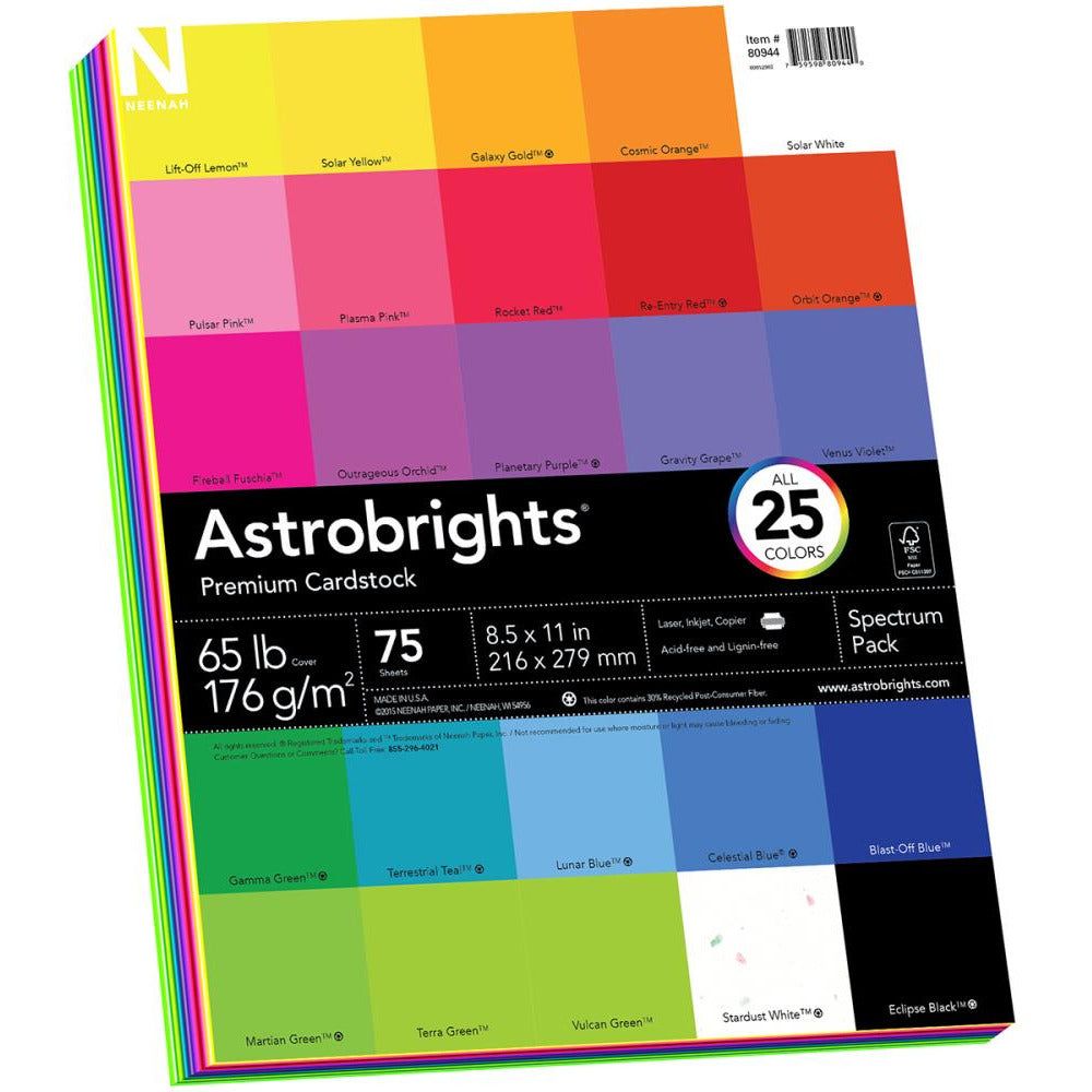 Neenah Astrobrights Rainbow Spectrum Cardstock Pack 8.5" X 11" - 75 Pack