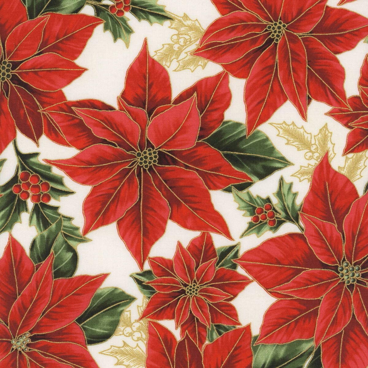 Fabric Hoffman Natural Gold Large Poinsettias Blooming Holidays by the Quarter Yard X7787-20G