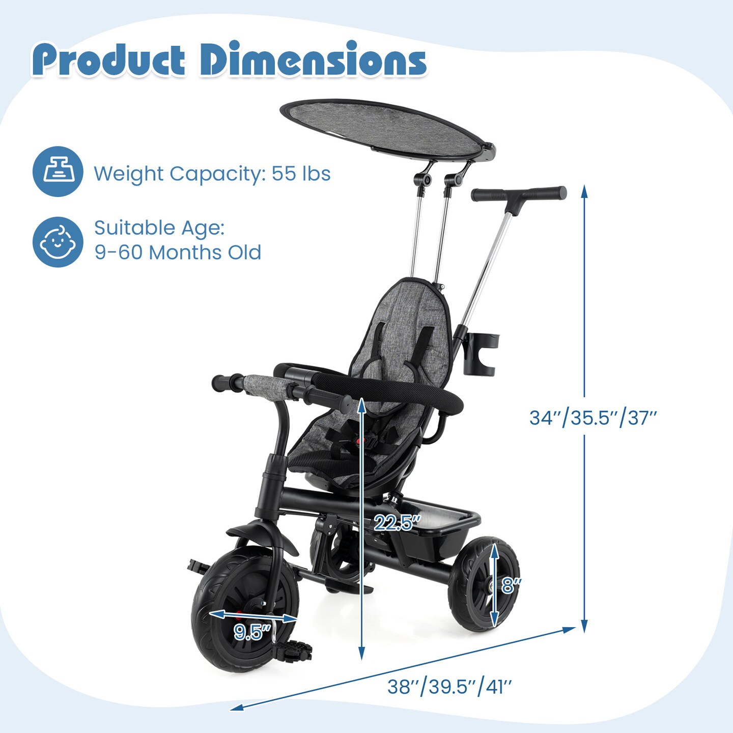 Oxford 7-in-1 Kids Stroller Tricycle with Adjustable Handle and Canopy