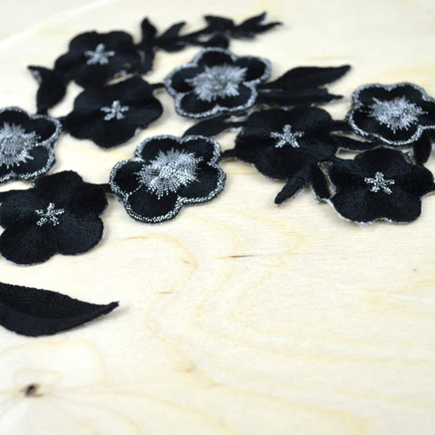 2 Pieces Black Silver Floral Appliqué 10.75x3" Iron on Embroidery Patches for Jackets & Crafts