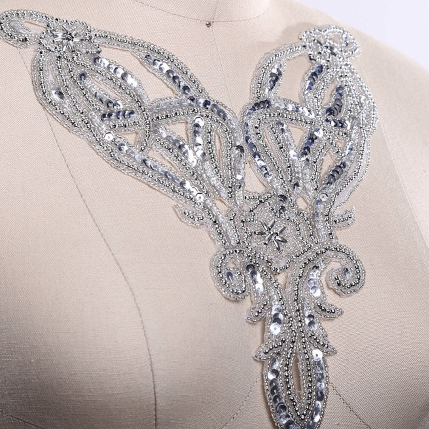 Silver Beaded Sequin Collar Applique Patch Victorian Costume Neck Trim