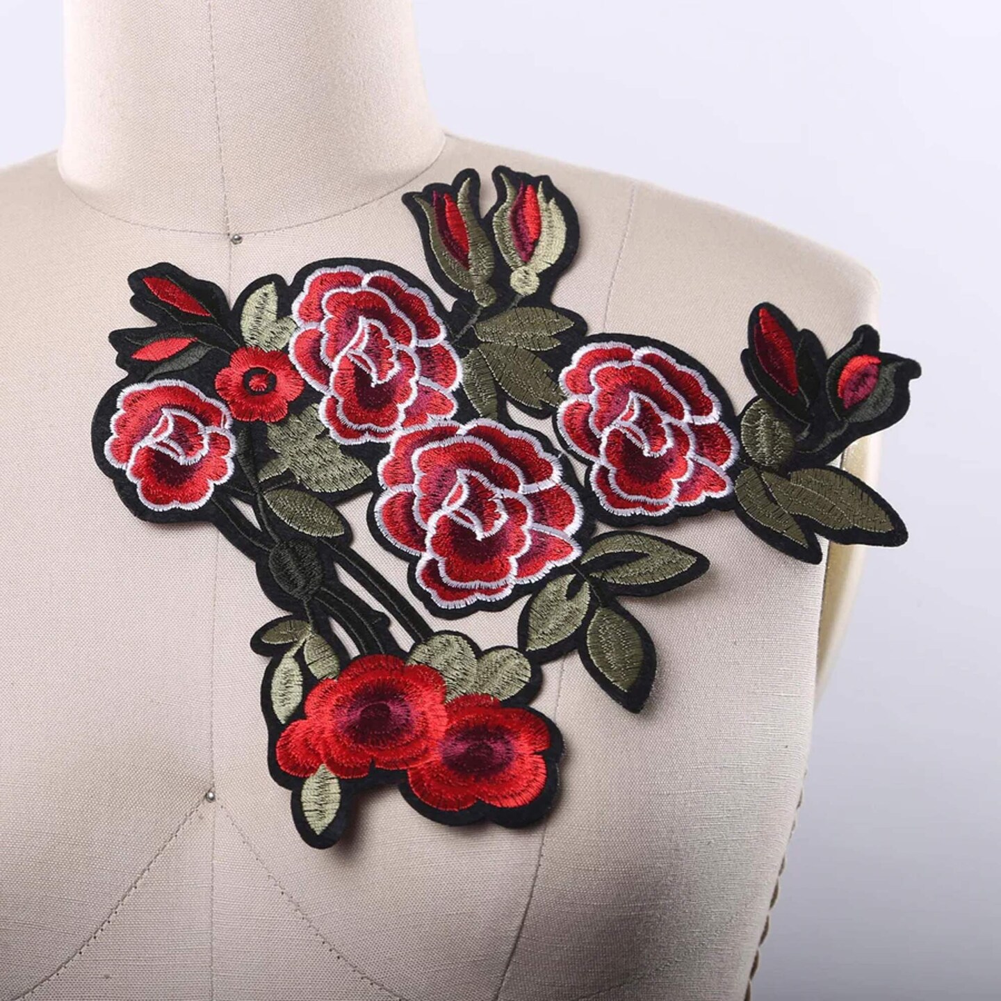 Red and Black Rose Applique Embroidered Iron-On Flower Patch with Green Leaves