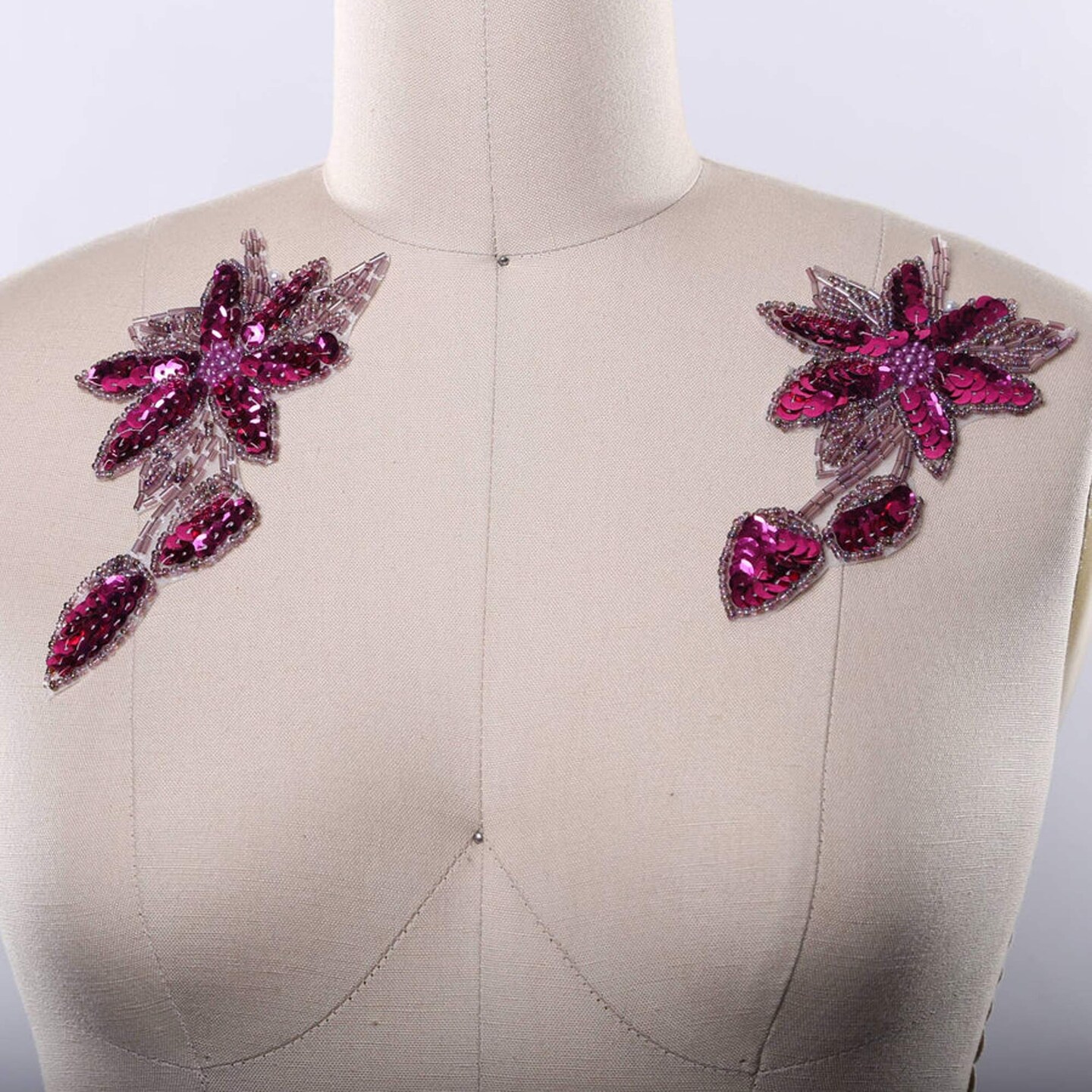 6&#x22; x 3.25&#x22; Magenta Beaded Flower Patches Set of 2 Sequined Iron-On Appliques with Leaf Detail