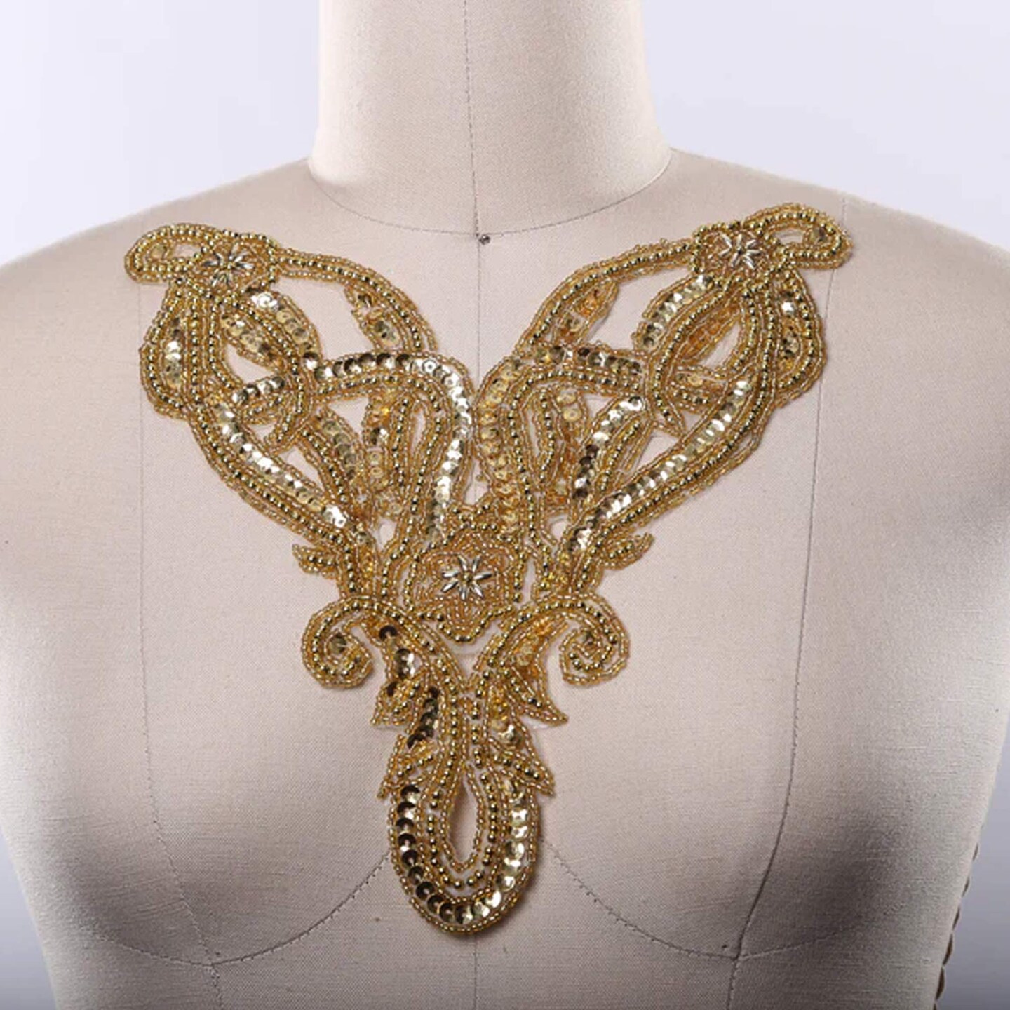 10&#x22; Diagonally Gold Beaded Sequin Neckline Applique for Costumes Gowns Dresses or DIY Decor