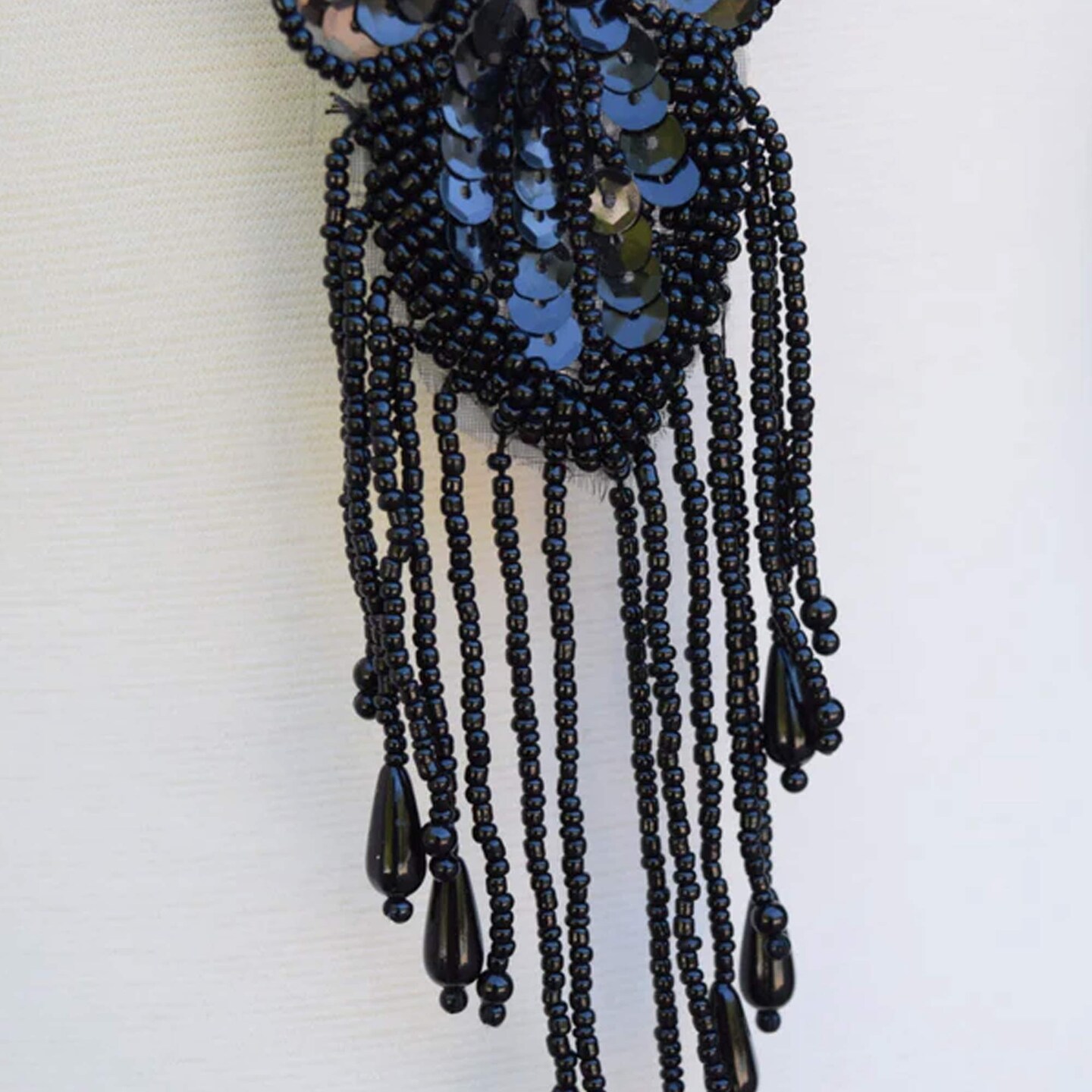 Black Beaded Sweetheart Shape Applique with Sequins and Iron On Fringe Patch