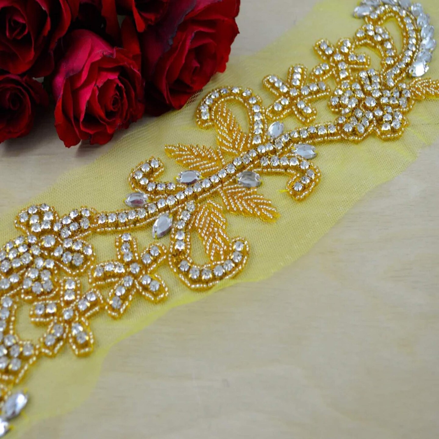 Gold Rhinestone Beaded Flower Branch Applique Long Waistline Dress Patch