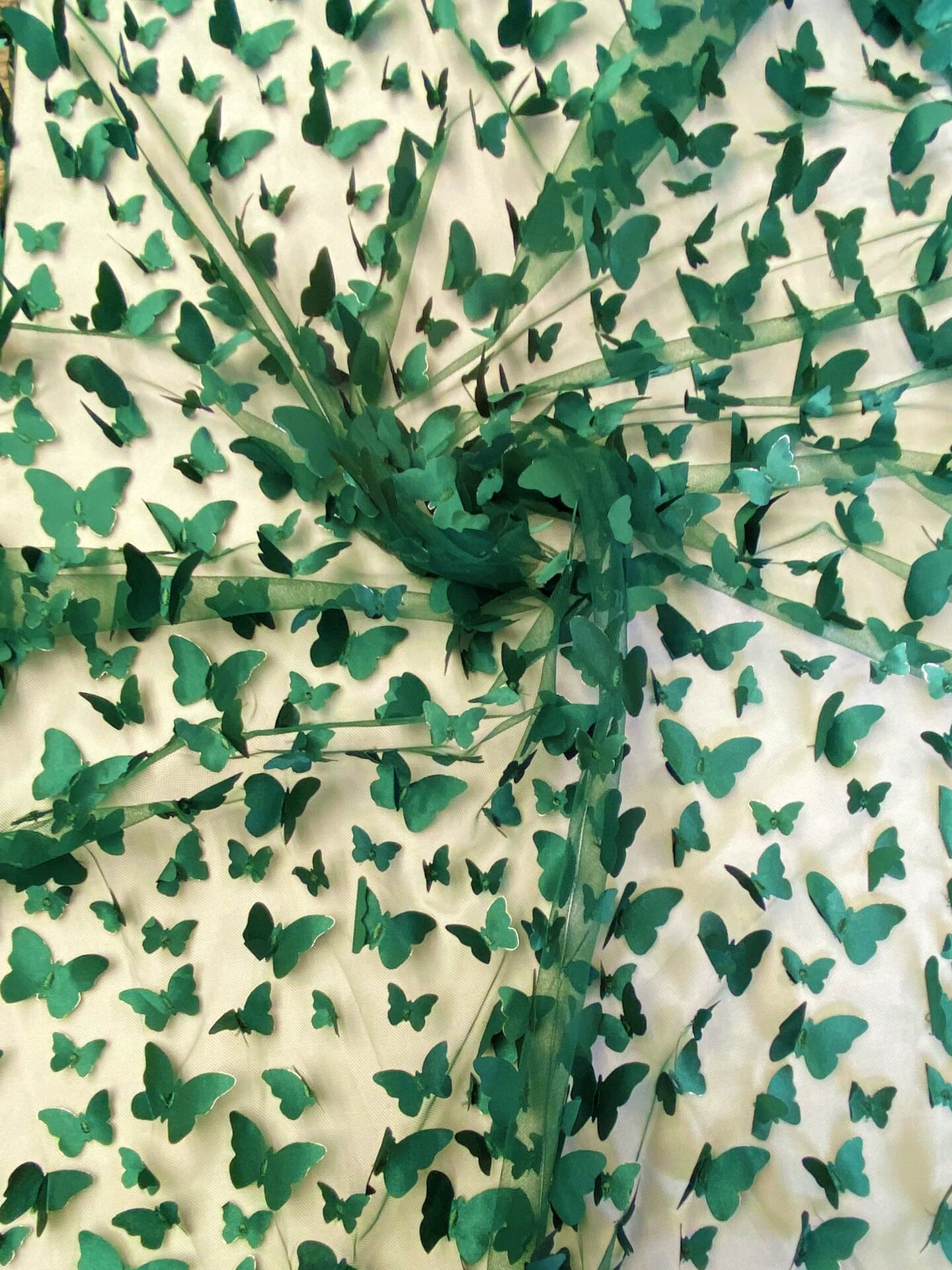 1 Yard Hunter Green 3D Butterfly Stretch Mesh Fabric with Satin Appliqué for Costumes and Dresses 54 Inch Wide