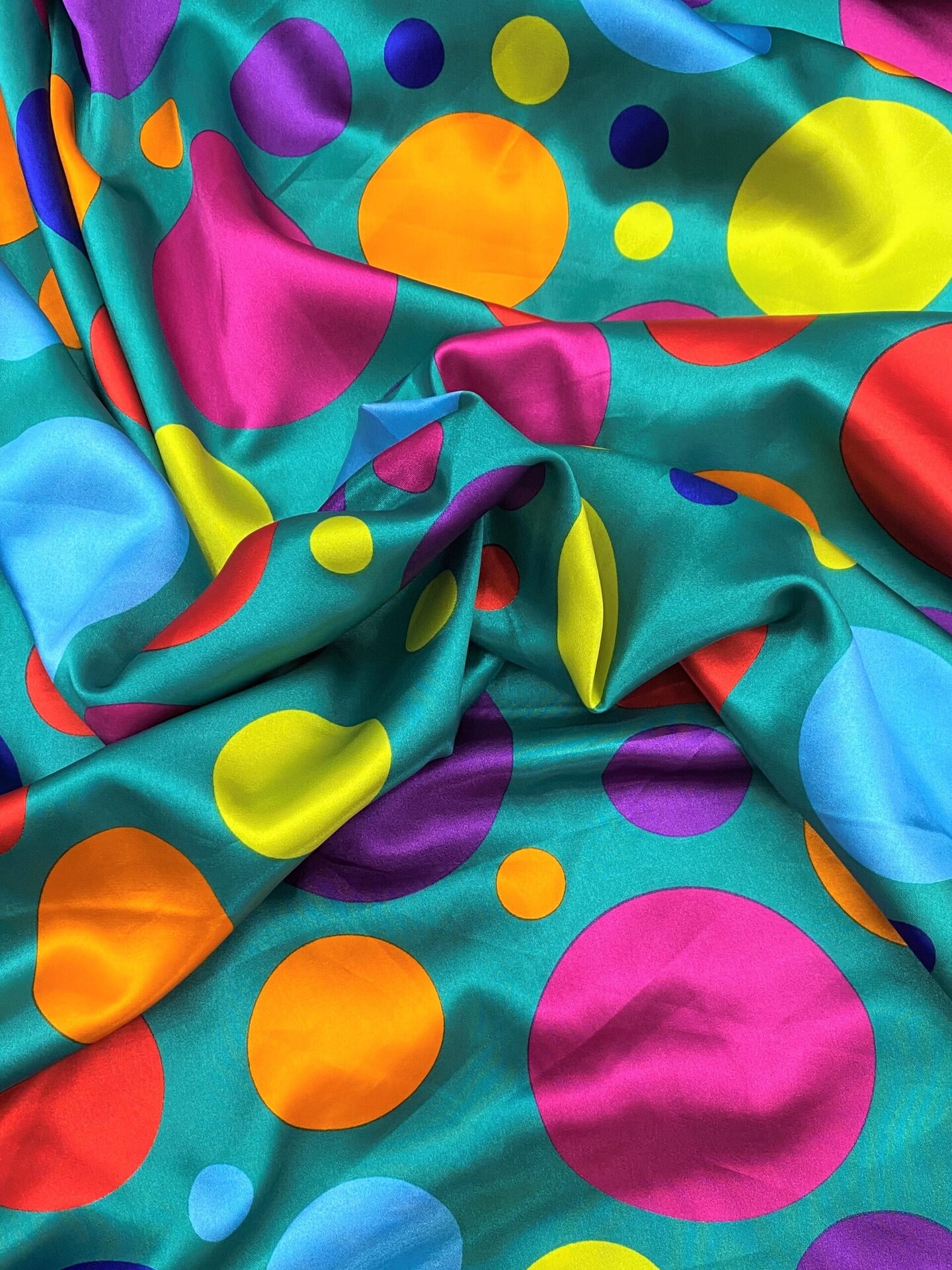 1 Yard Multicolor Polka Dot Satin Fabric Jade Background Lightweight Semi Shiny Polyester 58 Inch Width