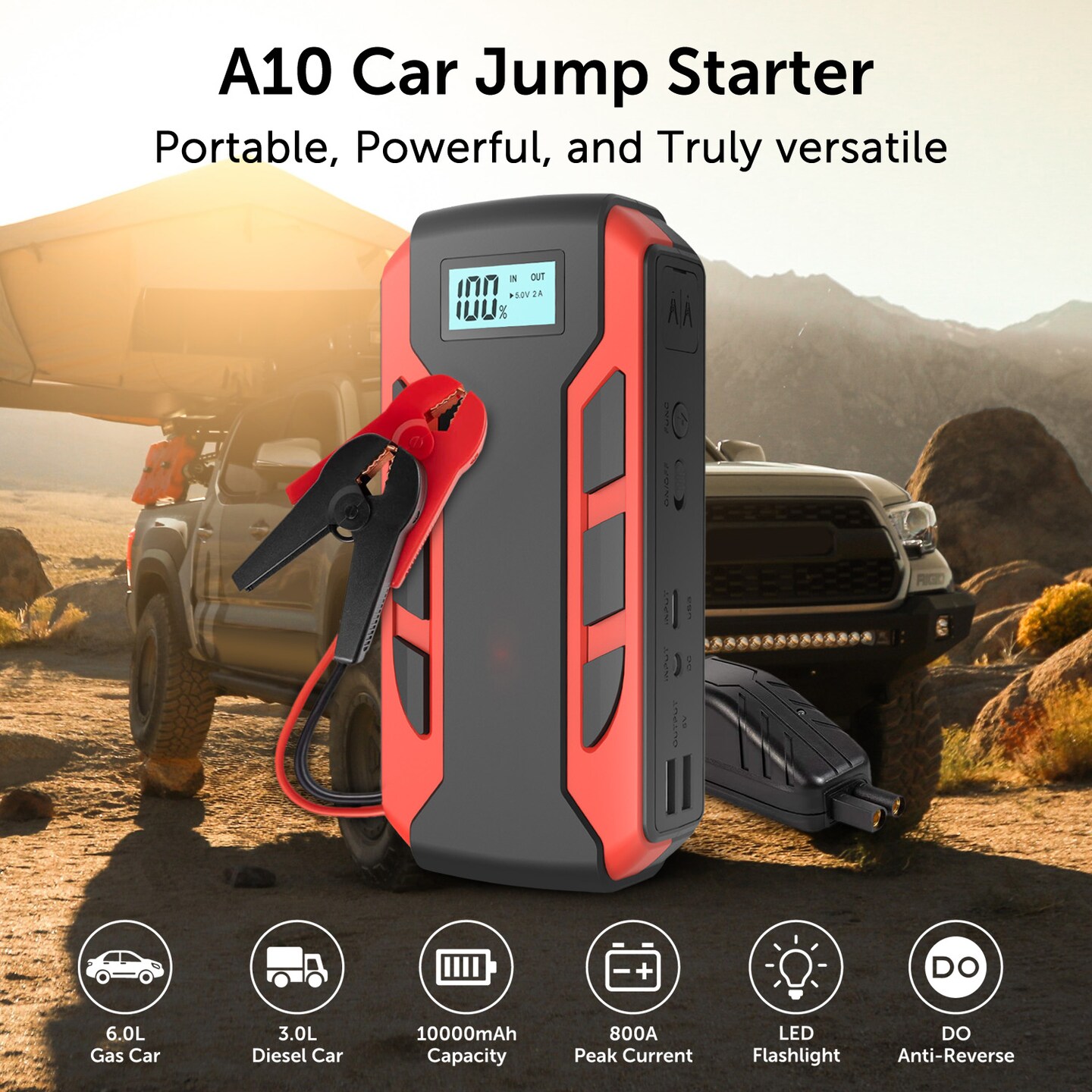 Portable Vehicle Jump Starter, 10000mAh (6.0L Gas Car or 3.0L Diesel Car), Power Bank Charger, USB Quick Charge, LCD Display, LED Flashlight, UL 2743 Certified