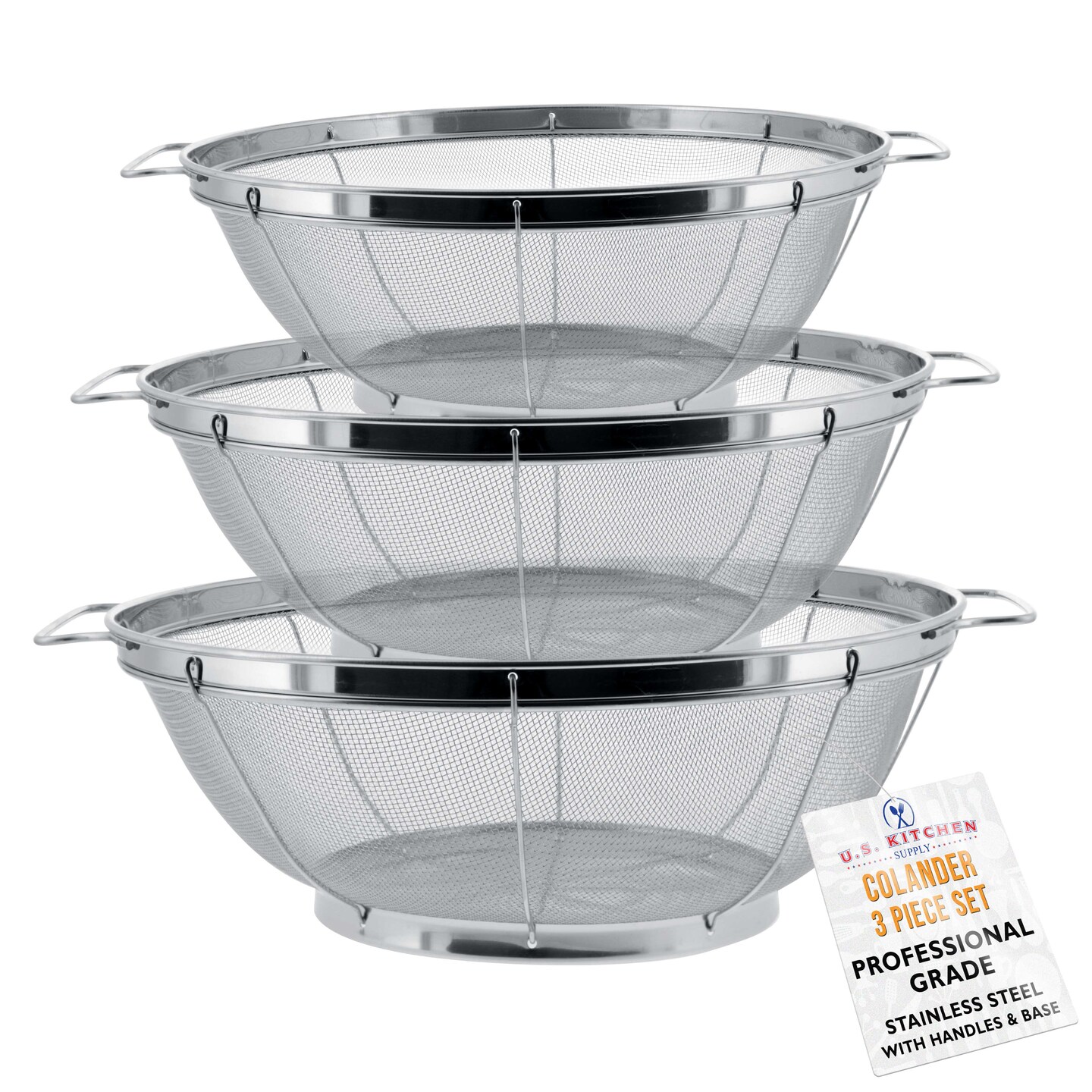 U.S. Kitchen Supply Set of 3 Stainless Steel Colander Strainers Net Baskets - 11", 9.5" & 8.5" Sizes - Colander with Handles & Resting Base - Stainless Steel Sieve, Strainers and Colanders for Kitchen