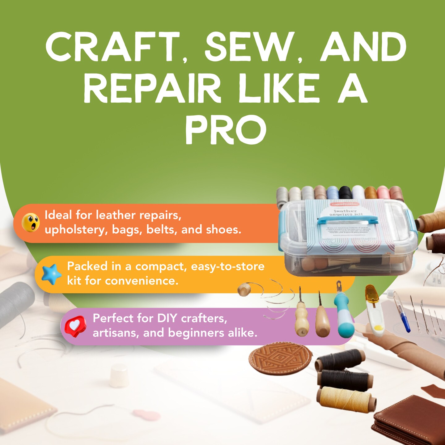 Incraftables Leather Sewing Kit. Heavy Duty Stitching Craft Working Tools Set. Upholstery Repair Kit w/ Waxed Thread Cord, Needles, Tape, Awl, Scissors, Unpicker &#x26; Thimble for Beginner Hand Sewing