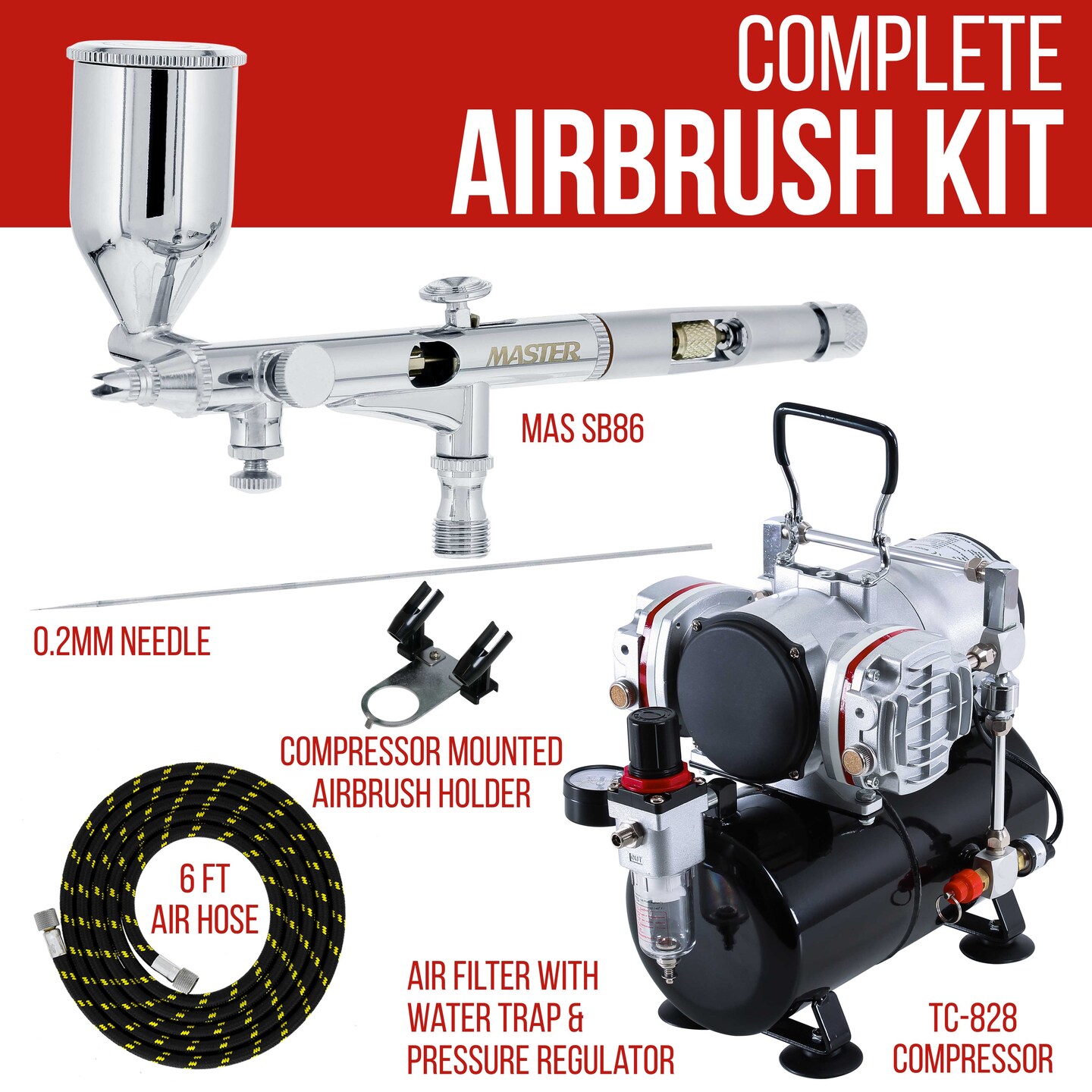 High Precision Detail Control Dual-Action Side Feed Airbrush Set with Twin Cylinder Piston Airbrush Compressor with Air Storage Tank