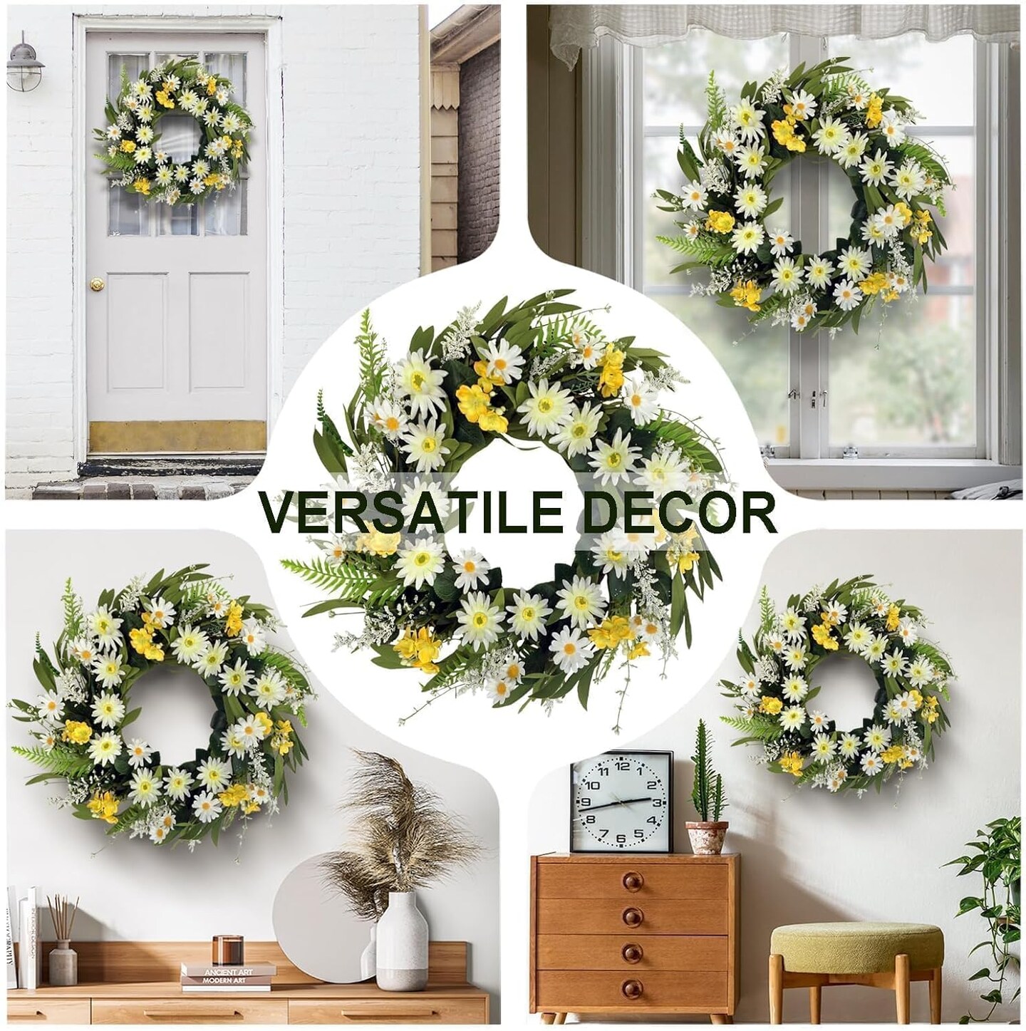 Summer Floral Wreath for Front Door, 20 Inch Artificial Wreath with Daisy Flowers, Floral Wreath for Porch, Window, Outdoor and Indoor Wall Decor, Farmhouse Home Decoration"