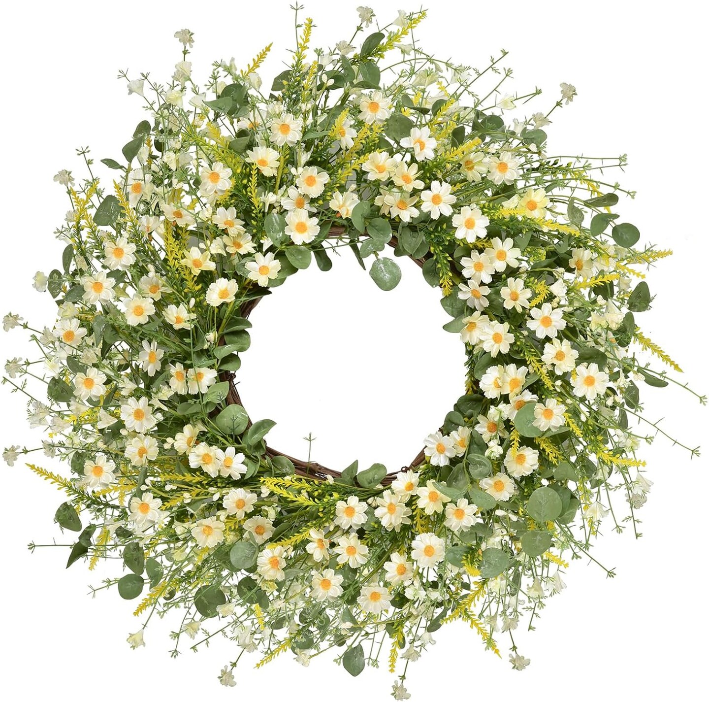 Summer 24 Inch Artificial Daisy Flower Wreath with Eucalyptus Leaves, Silk Flowers, and White Berries for Front Door and Wall Decor