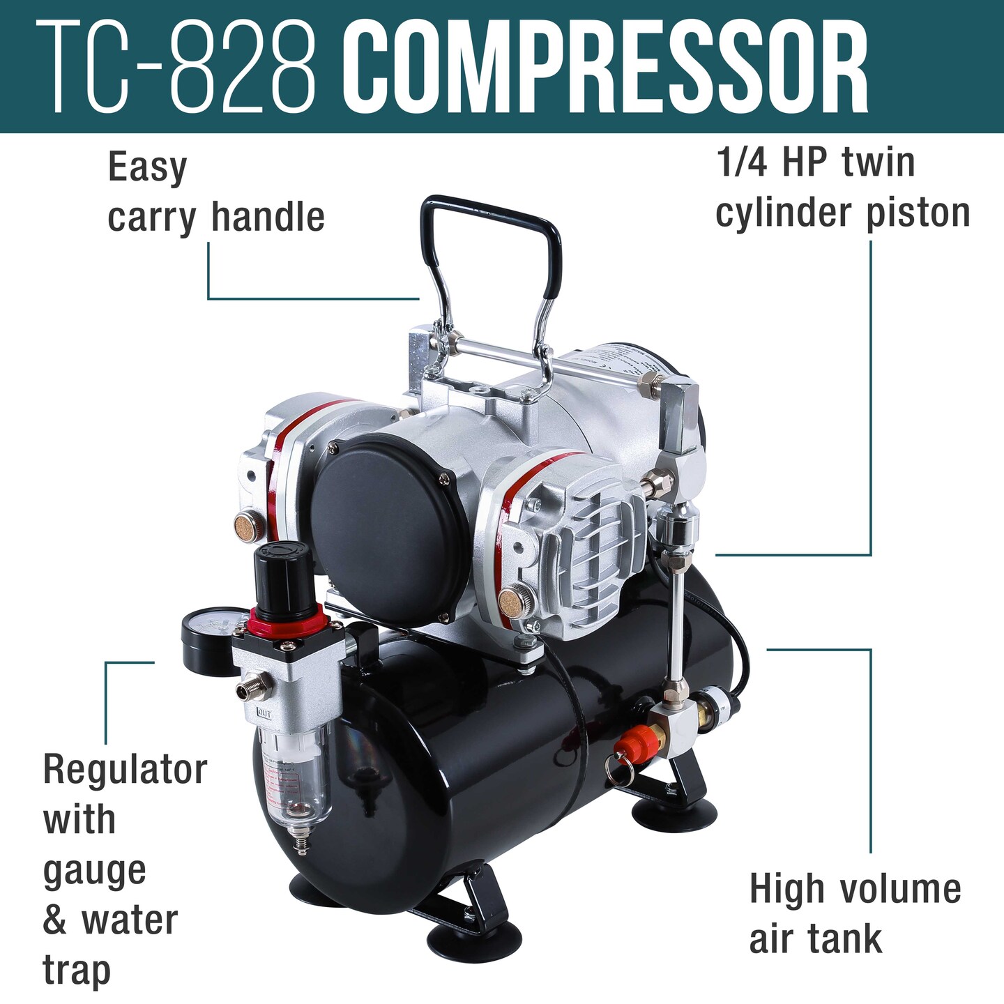 HI-FLOW All-Purpose Precision Dual-Action Siphon Feed Airbrush Set with Twin Cylinder Piston Airbrush Compressor with Air Storage Tank