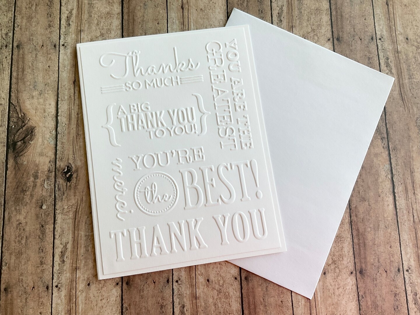 幸せリース　thanksメッセージ Classic White Embossed Thank you Card, Grateful Message, Handmade