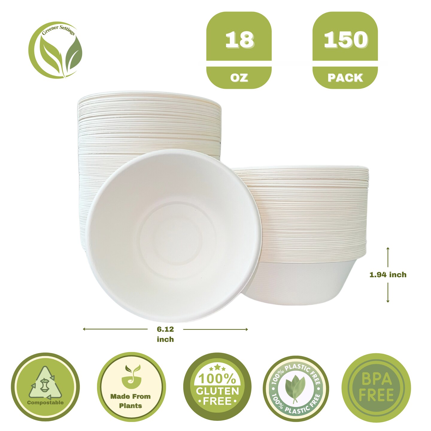 Greener Settings 150-Pack 18 oz Compostable Paper Bowls – Heavy-Duty Bagasse, Biodegradable, Microwavable, Grease-Resistant, for Hot Soups, Salads, and Snacks