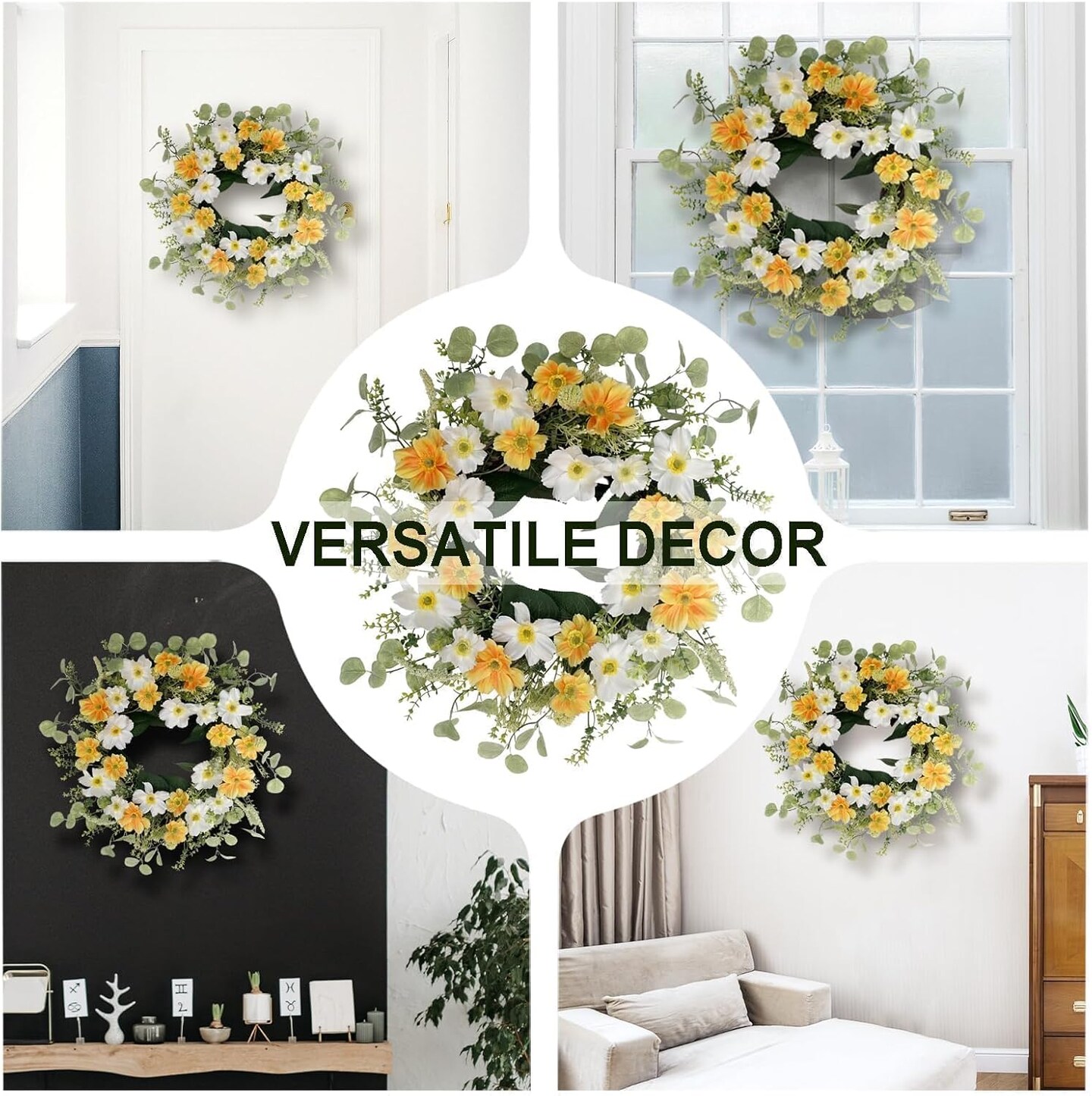 Yellow Summer Floral Arrangement Wreath for Front Door, 20 Inch Artificial Wreath with Cosmos and Daisy Flowers, Tropical Wreath for Porch, Wall, and Window Home Decor"