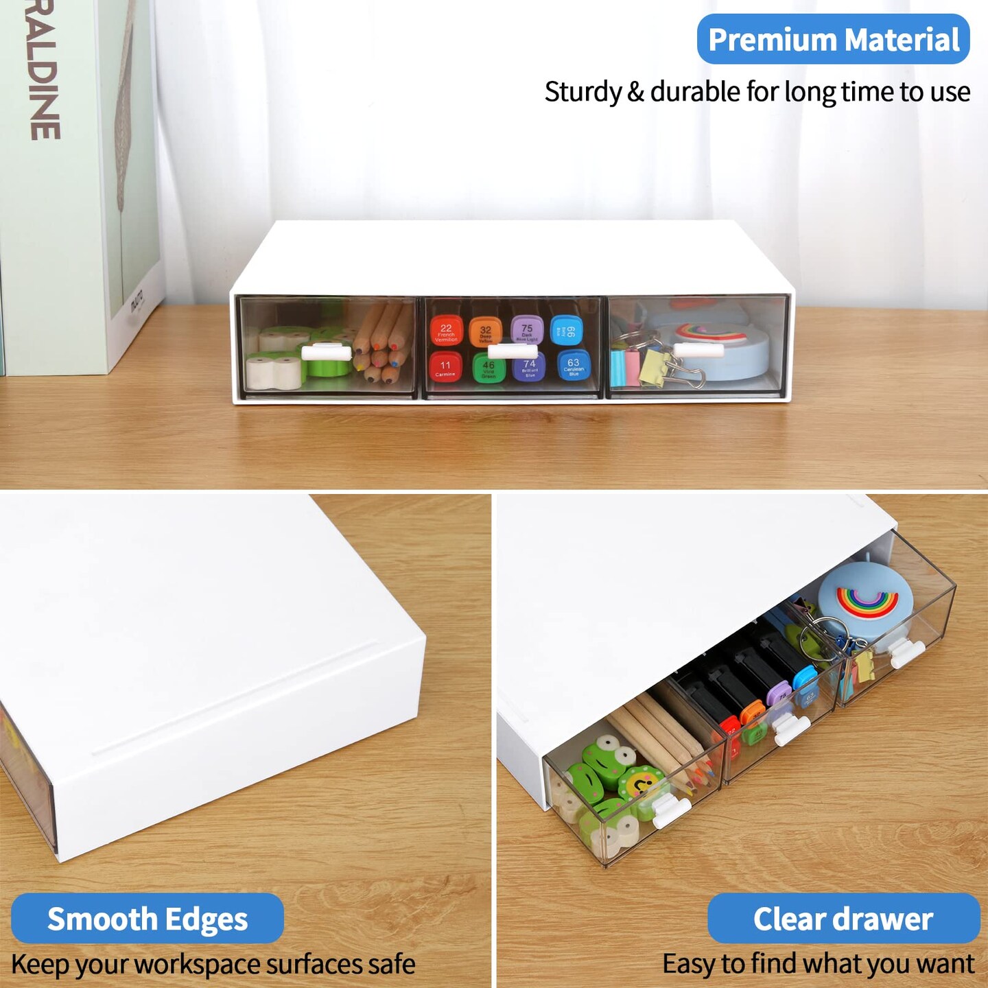 Stackable Desk Organizer, Plastic Storage Drawer for Office School Home Makeup, Pen Pencils Markers Stationery Supplies Organizers (White -3 Draws)