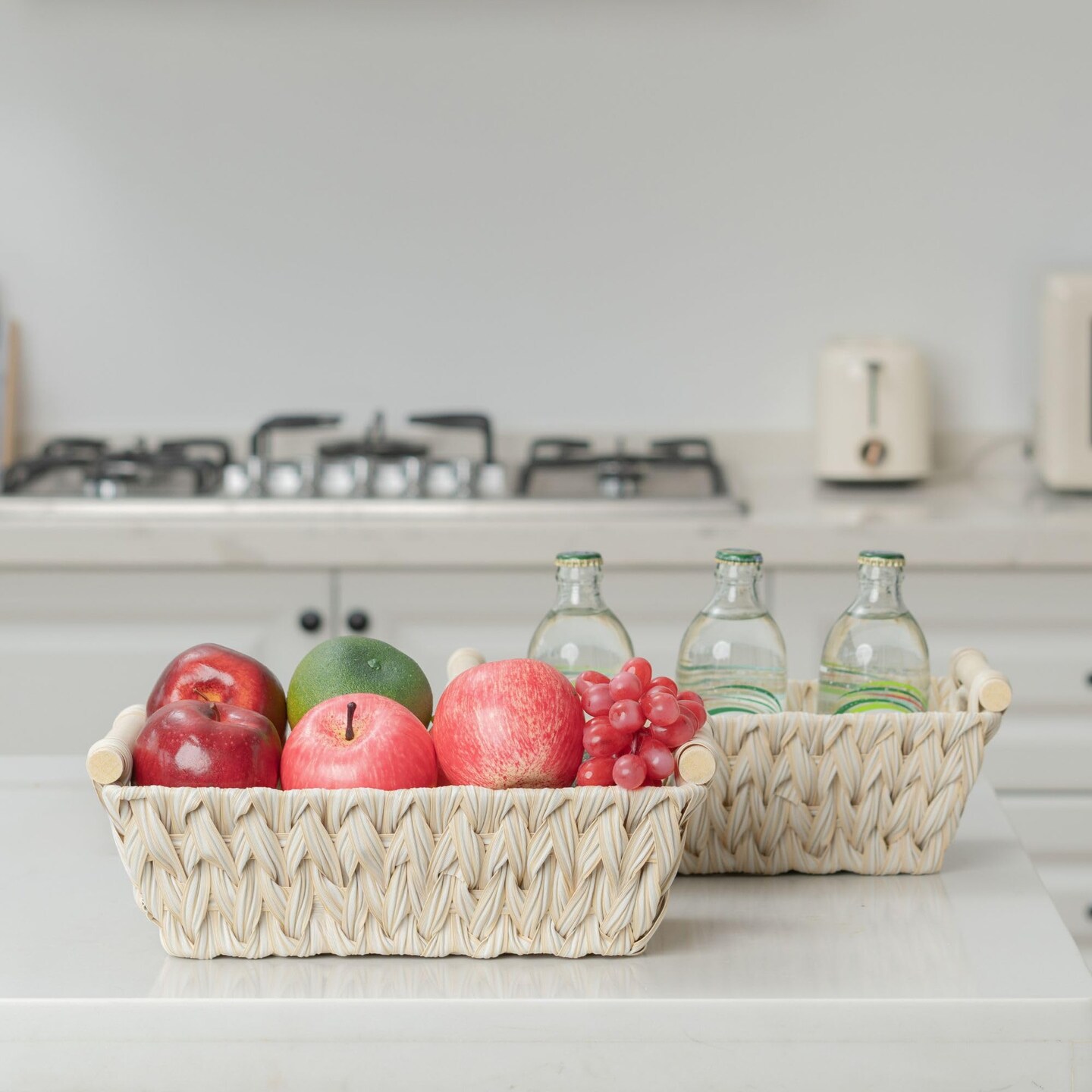 2-Pack Wicker Storage Baskets, Storage Baskets for Shelves, Trapezoid Wicker Baskets with Handles, Waterproof Woven Basket, Storage Baskets for Shelves, Butter Milk