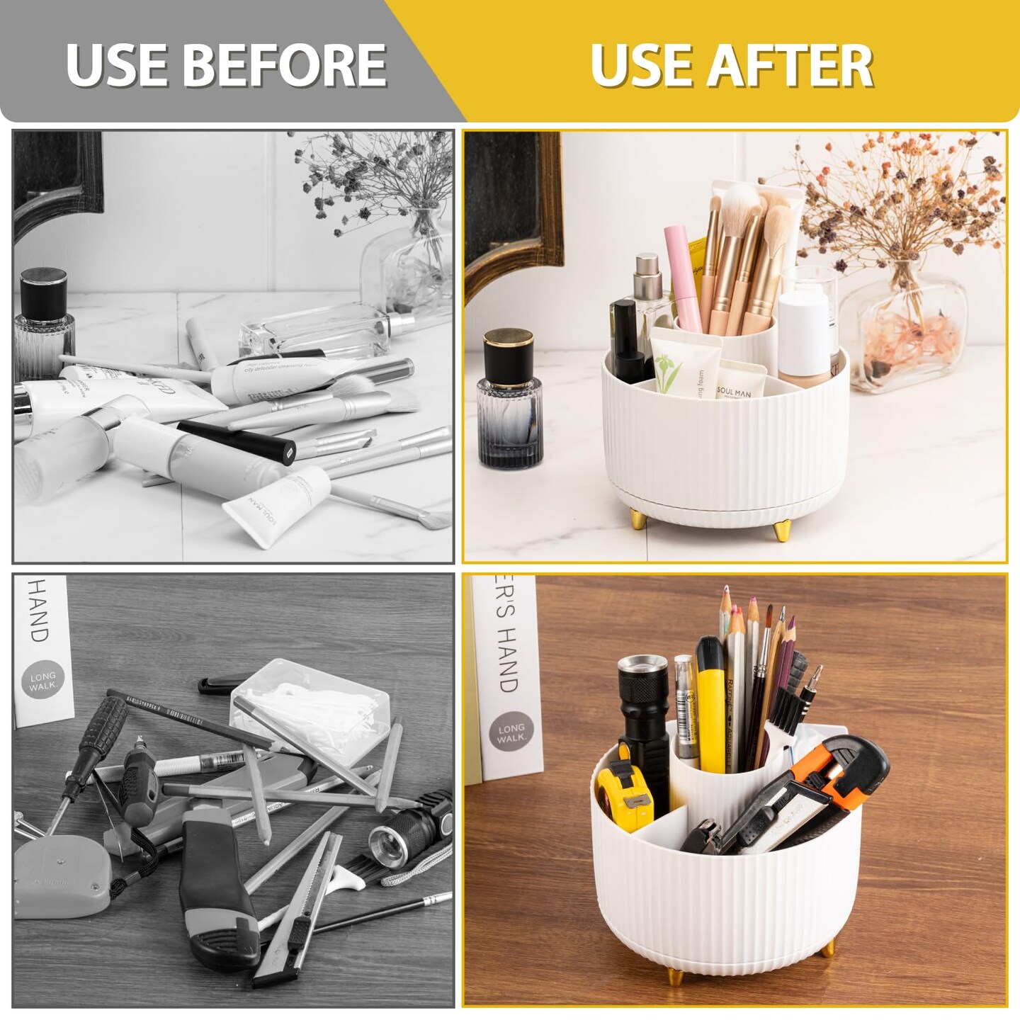 Makeup Brush Holder, Multi-angle Rotating Makeup Organizer, Multifunction Cosmetic Organizer for Bathroom Countertop, Bedroom Nightstand, Desktop, Makeup Desk Organizer, White