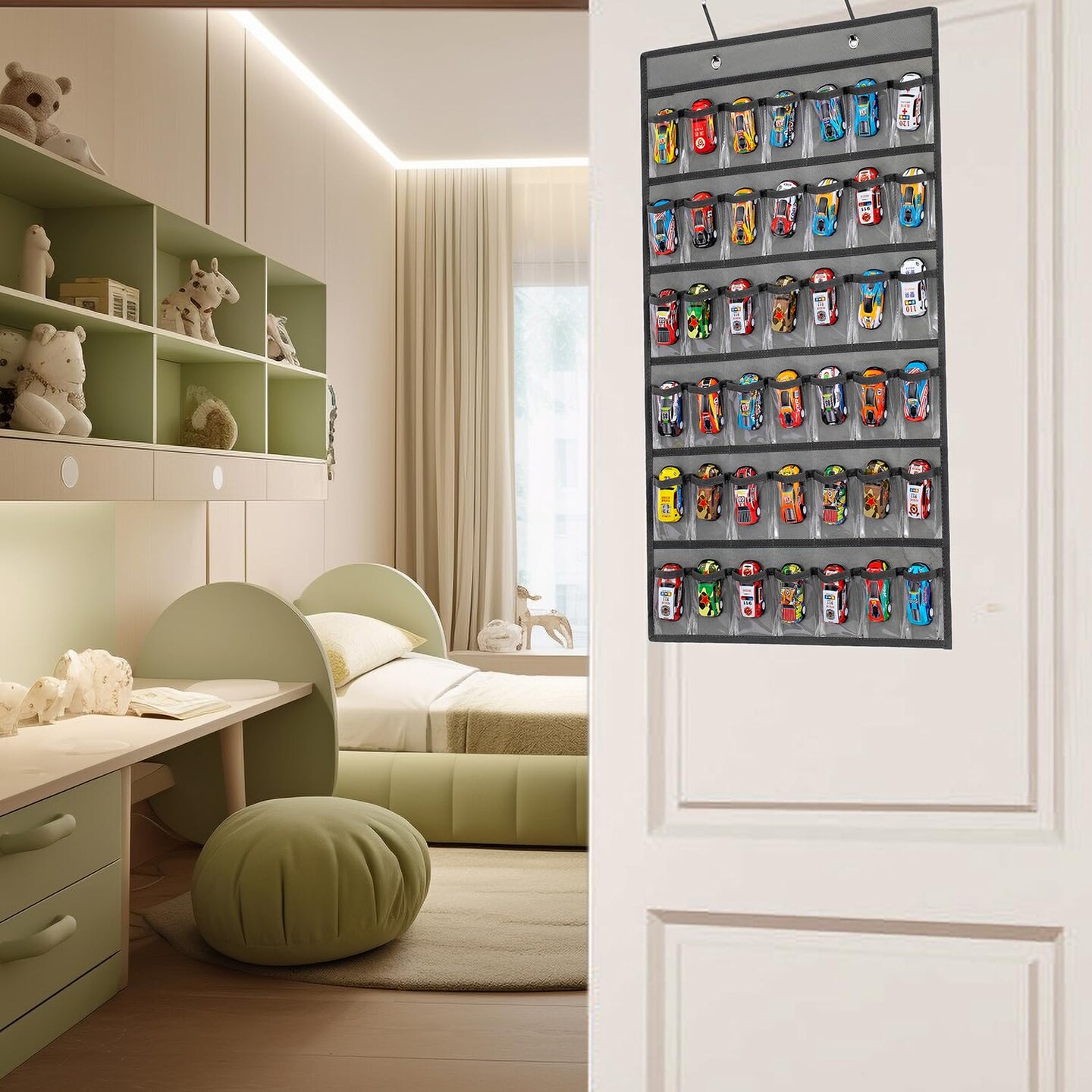 Toy Car Storage Organizer Hanging Toy Wheels Cars Holder Matchbox Cars Display Case with 42 Clear Pockets (One Side-Grey)