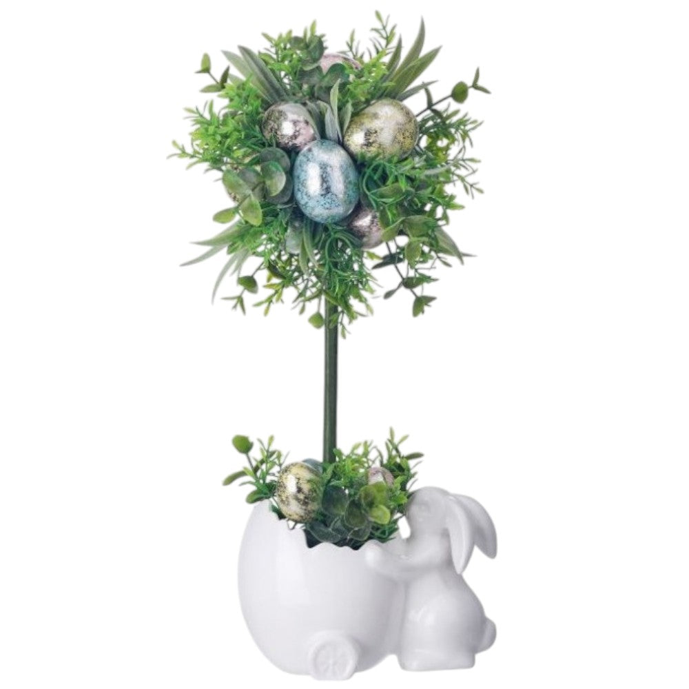14" Ceramic Bunny Pot with Egg Topiary – Easter Tabletop Decoration