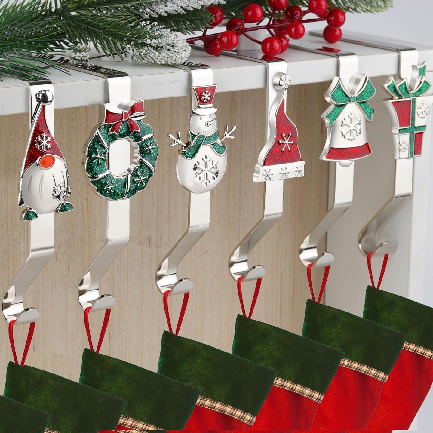 6Pcs Christmas Stocking Holders, Christmas Pattern Design Stocking Hangers Silver Non-Slip Stocking Holders for Mantle Xmas Stocking Hangers for Fireplace Shelf Table Mantel