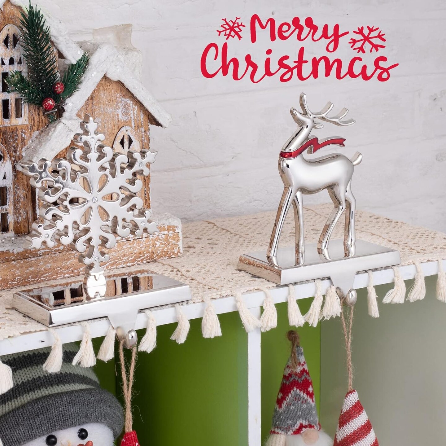 Christmas Stocking Holders, Set of 2 Snowflake &#x26; Reindeer Silver Stocking Holder, Weighted Personalized Christmas Stockings Hanger for Mantel, Stocking Hooks for Mantle Fireplace Christmas Decorations