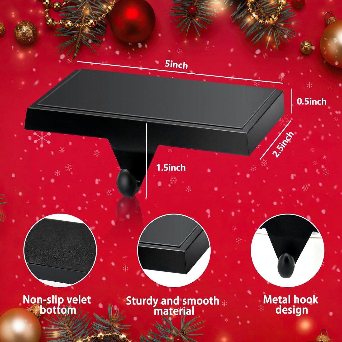 Christmas Stocking Holders, Mantel Stocking Hangers, Weighted Metal Hanging Hooks, Stocking Holders Bases for Mantel, Fireplace Xmas Party Decoration (Black, 4 Pcs)