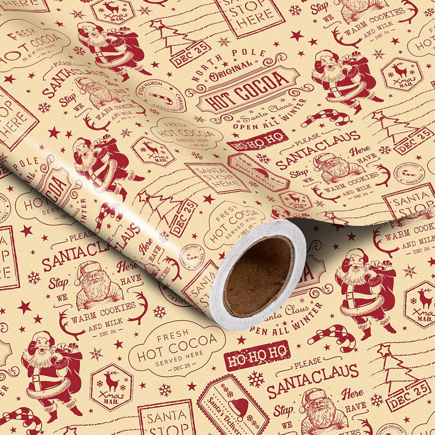 Christmas Wrapping Paper Roll - Vintage Santa Claus, Snowflake, Festive Messages Nostalgic Design for Christmas, Holiday Party Gift Wrap - 17 inches x 16.4 Feet (23.2 sq.ft.)