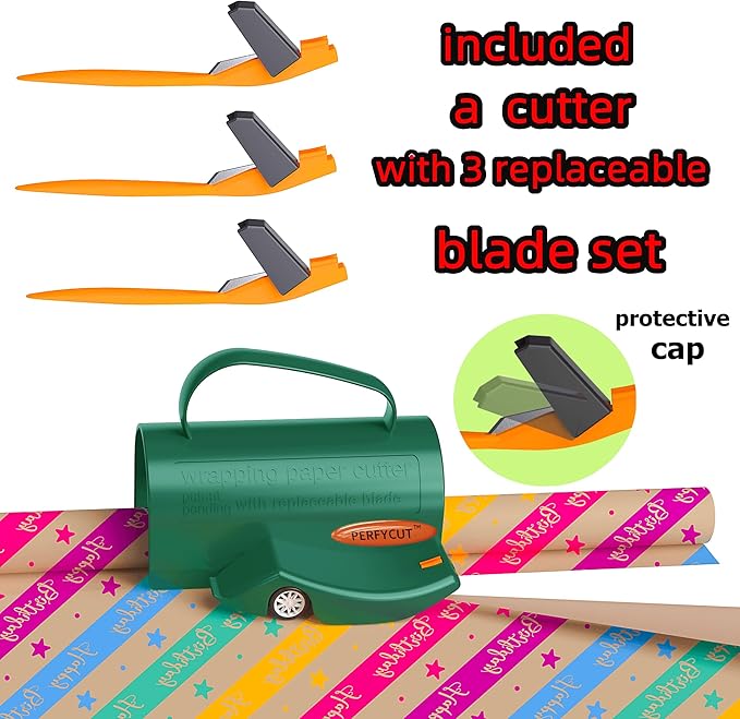 Wrapping Paper Roll Cutter Tool with 3 pcs Replaceable Blade Kit Gift Wrapping Paper Cutter for Christmas and Birthday Wrapping Paper Gift Wrap Cutter Holder Tube Slicing Trimming.