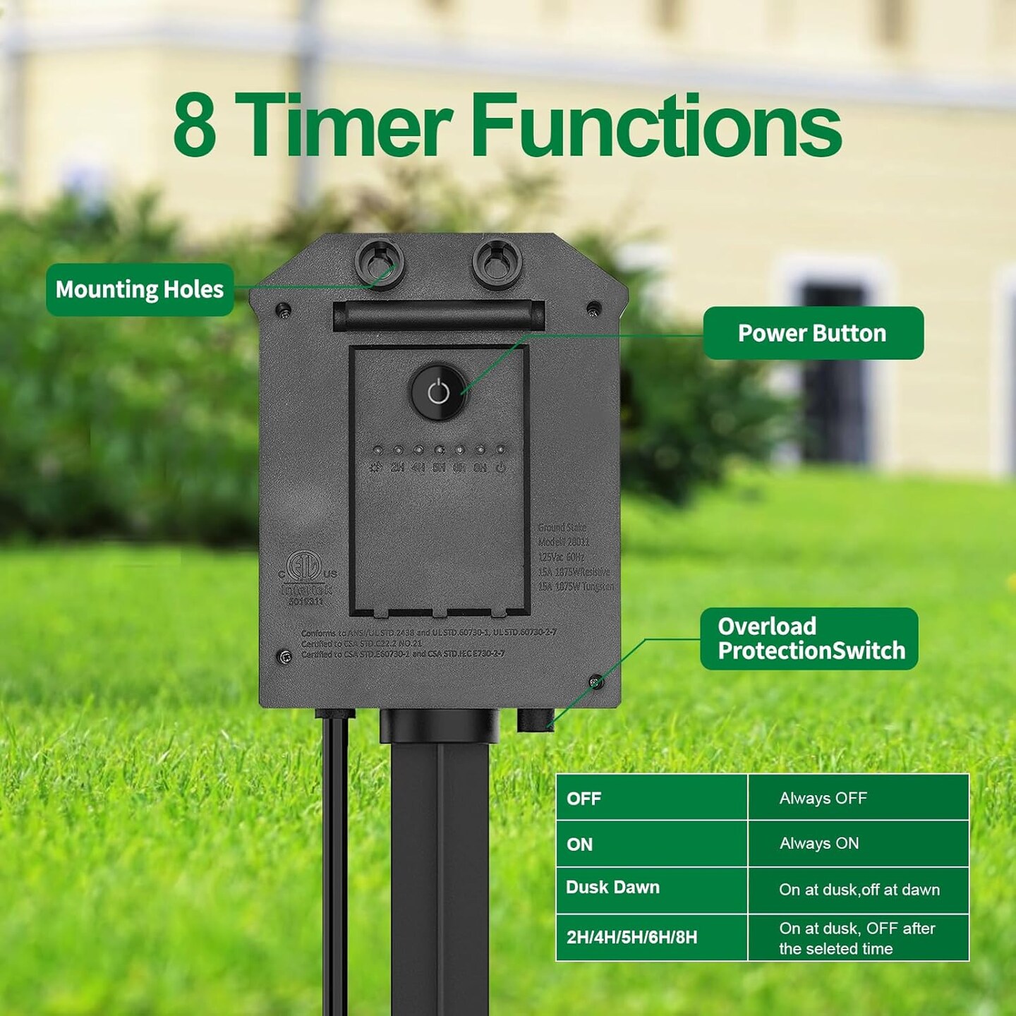 Outdoor Power Stake with Timer, 25FT Extension Cord Waterproof,Remote Control Dusk to Dawn Sensor Light Timer, 6 Grounded Outlets for Outdoor Decorations, 14 AWG, 15A/1875W, ETL Listed