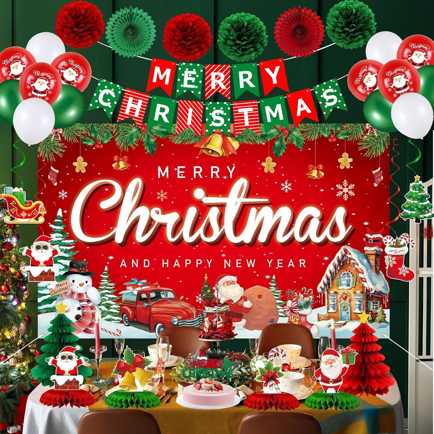 Vlipoean Red Christmas Party Decorations, 40PCS Merry Christmas Birthday Party Supplies with Christmas Backdrop Banner, Cute Honeycomb, Hanging Swirl, Christmas Background for Xmas Eve Happy New Year