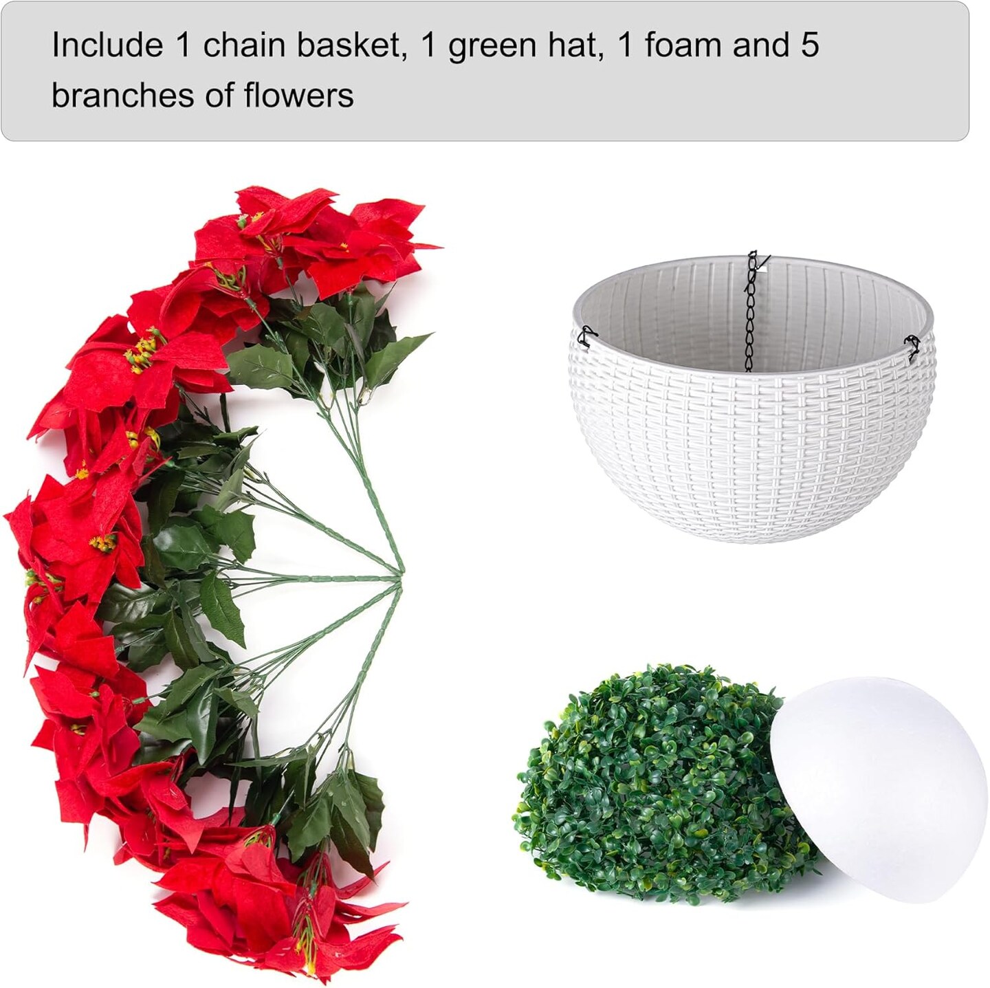 Artificial Fake Christmas Hanging Poinsettia Flowers Plants Basket for Outdoor Outside Winter Decoration, Faux Red Flower Realistic UV Resistant for Porch Patio Balcony Holiday Decor